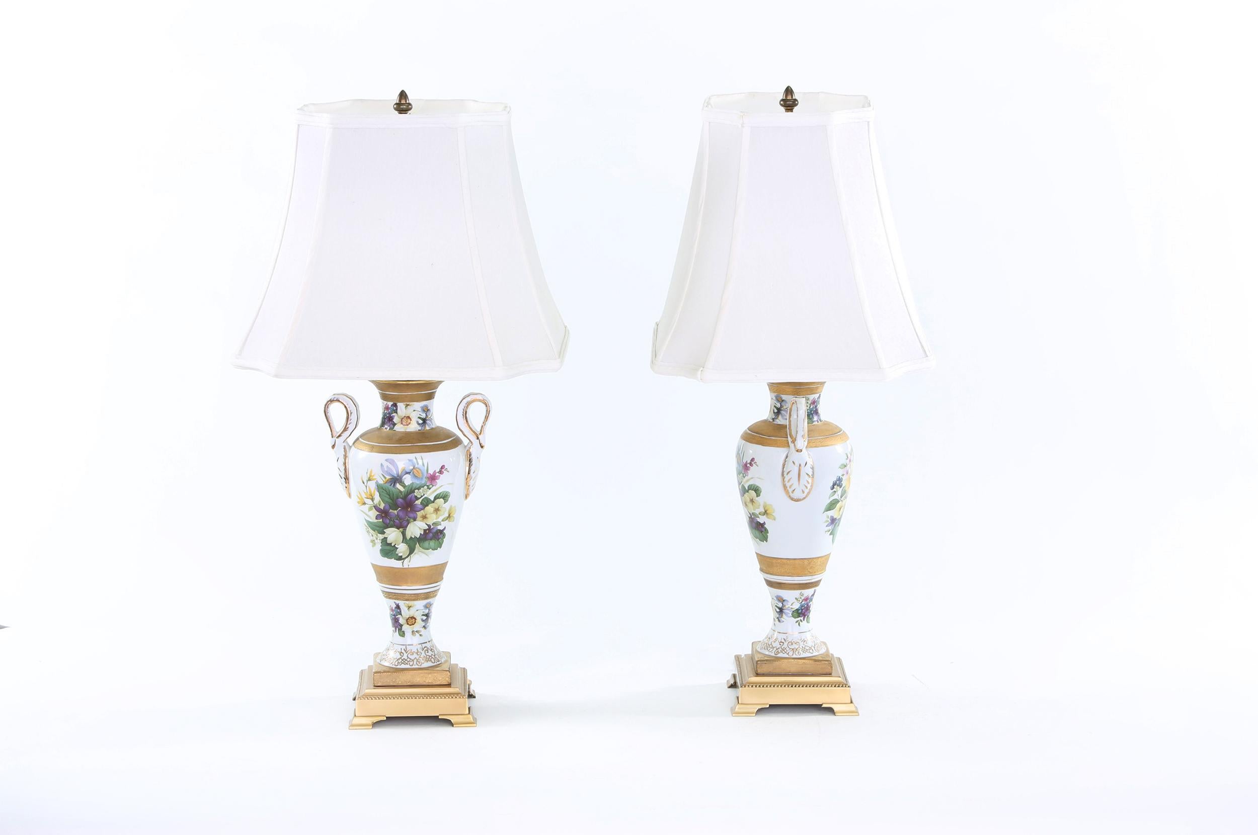 20th Century Gilt Porcelain / Brass Base Pair Table Lamps In Good Condition In Tarry Town, NY