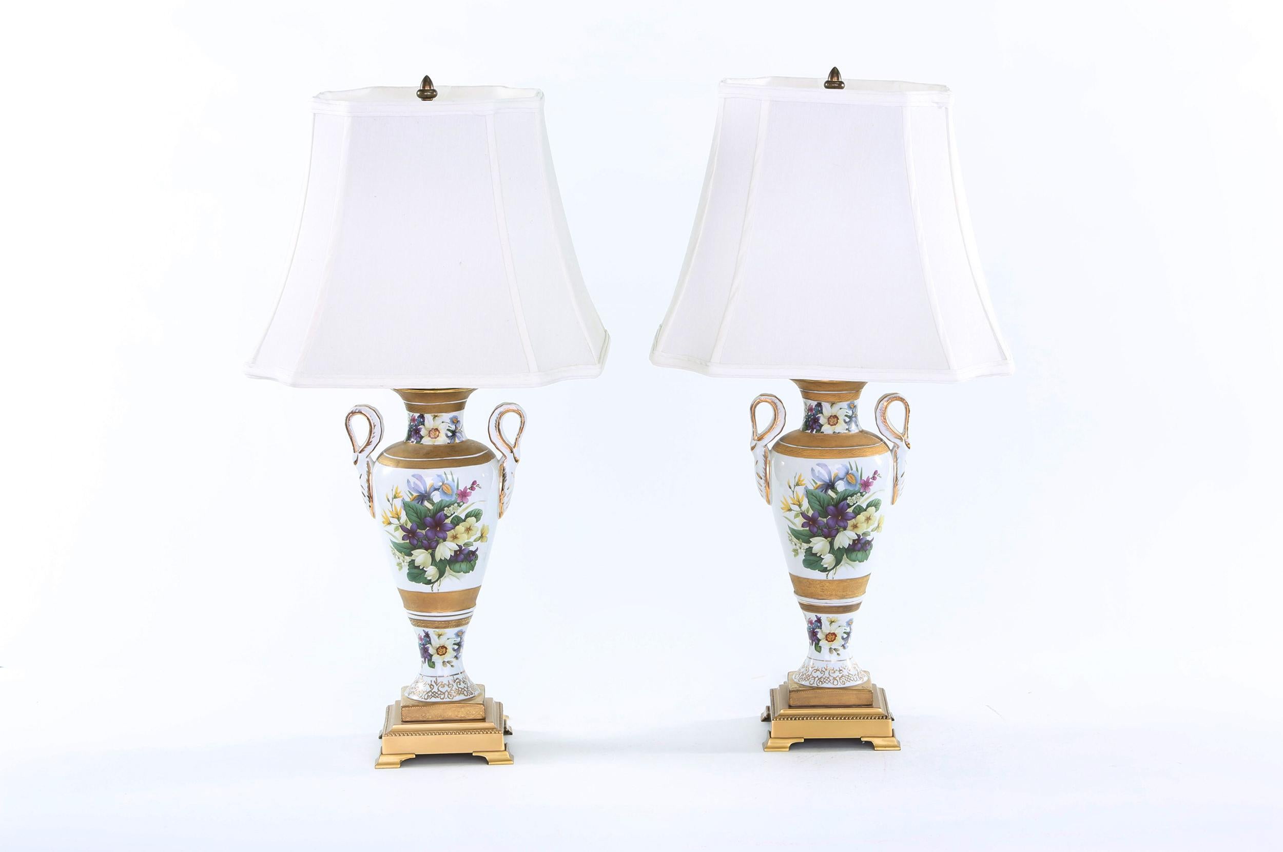 20th Century Gilt Porcelain / Brass Base Pair Table Lamps 4