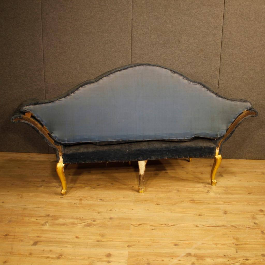 19th Century 20th Century Giltwood and Blue Velvet Italian Sofa, 1880