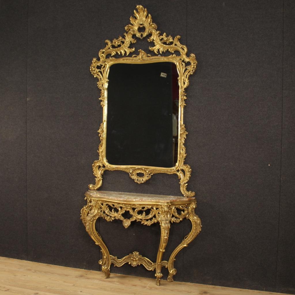 20th Century Giltwood with Marble-Top French Louis XV Style Console with Mirror 7