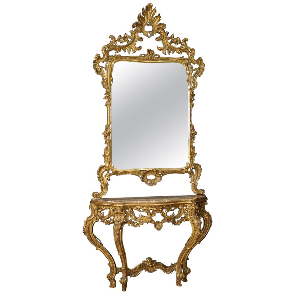 20th Century Giltwood with Marble-Top French Louis XV Style Console with Mirror