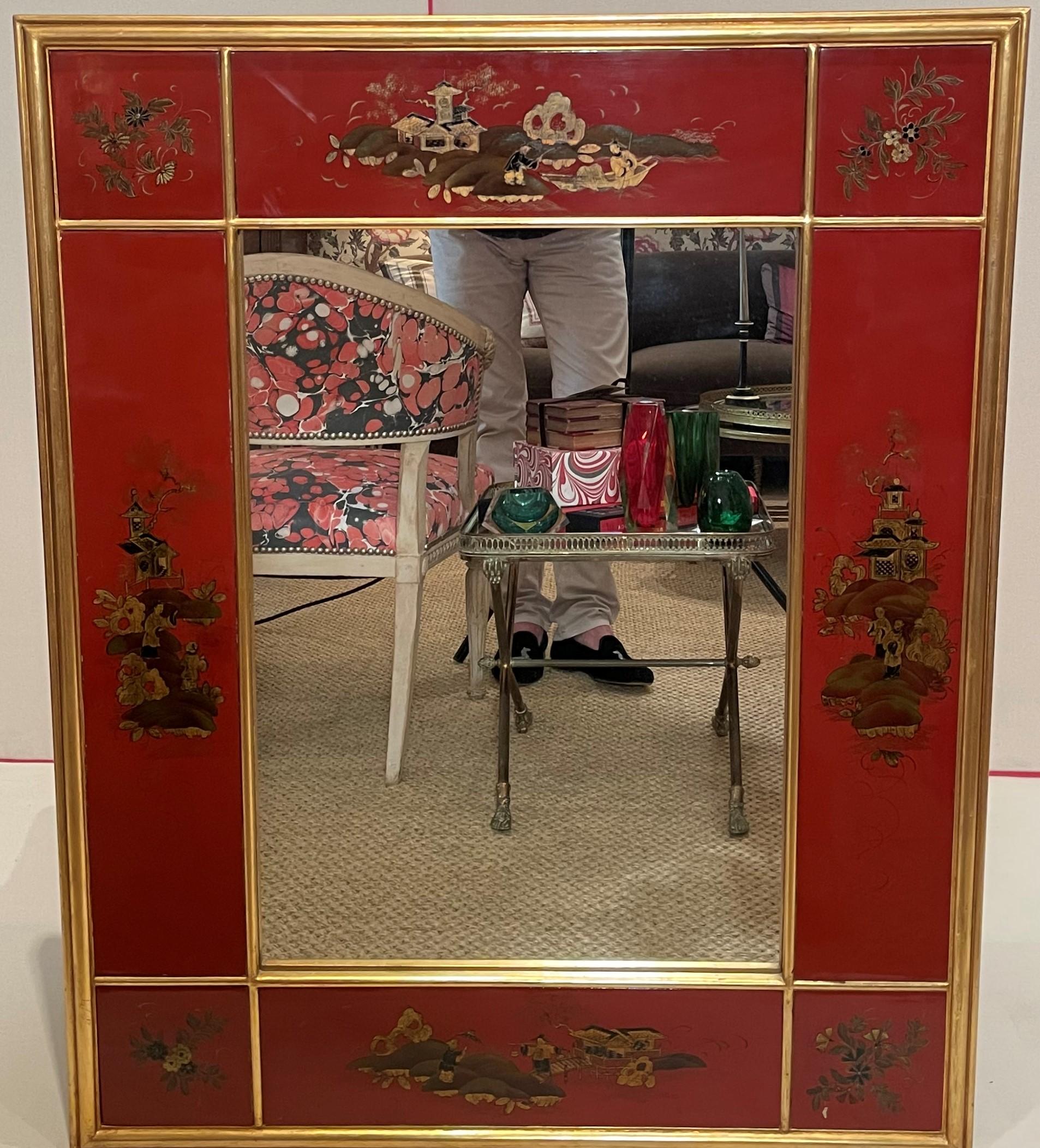 French 20th Century Giltwood and Red Japanned Mirror by Maison Jansen