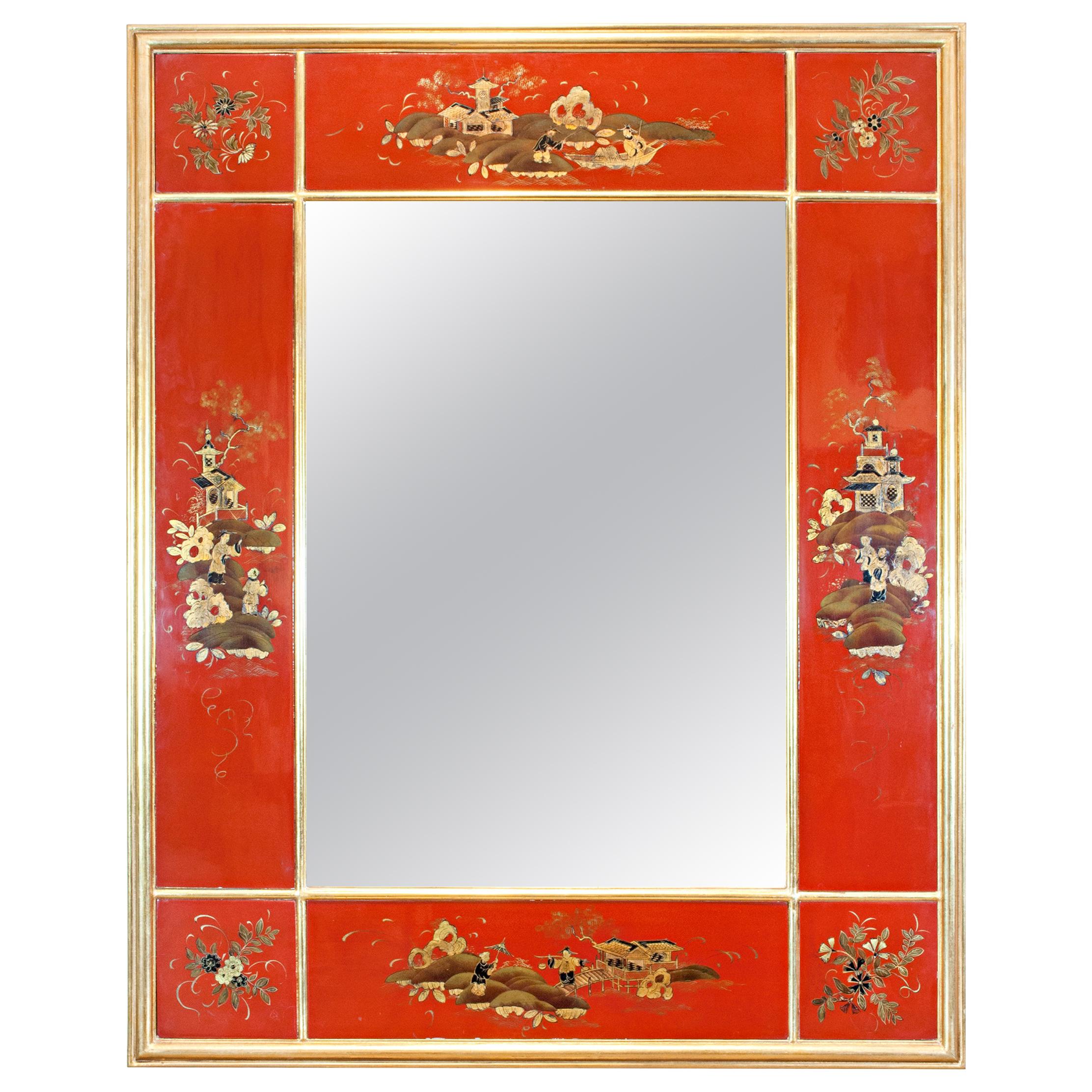 20th Century Giltwood and Red Japanned Mirror by Maison Jansen