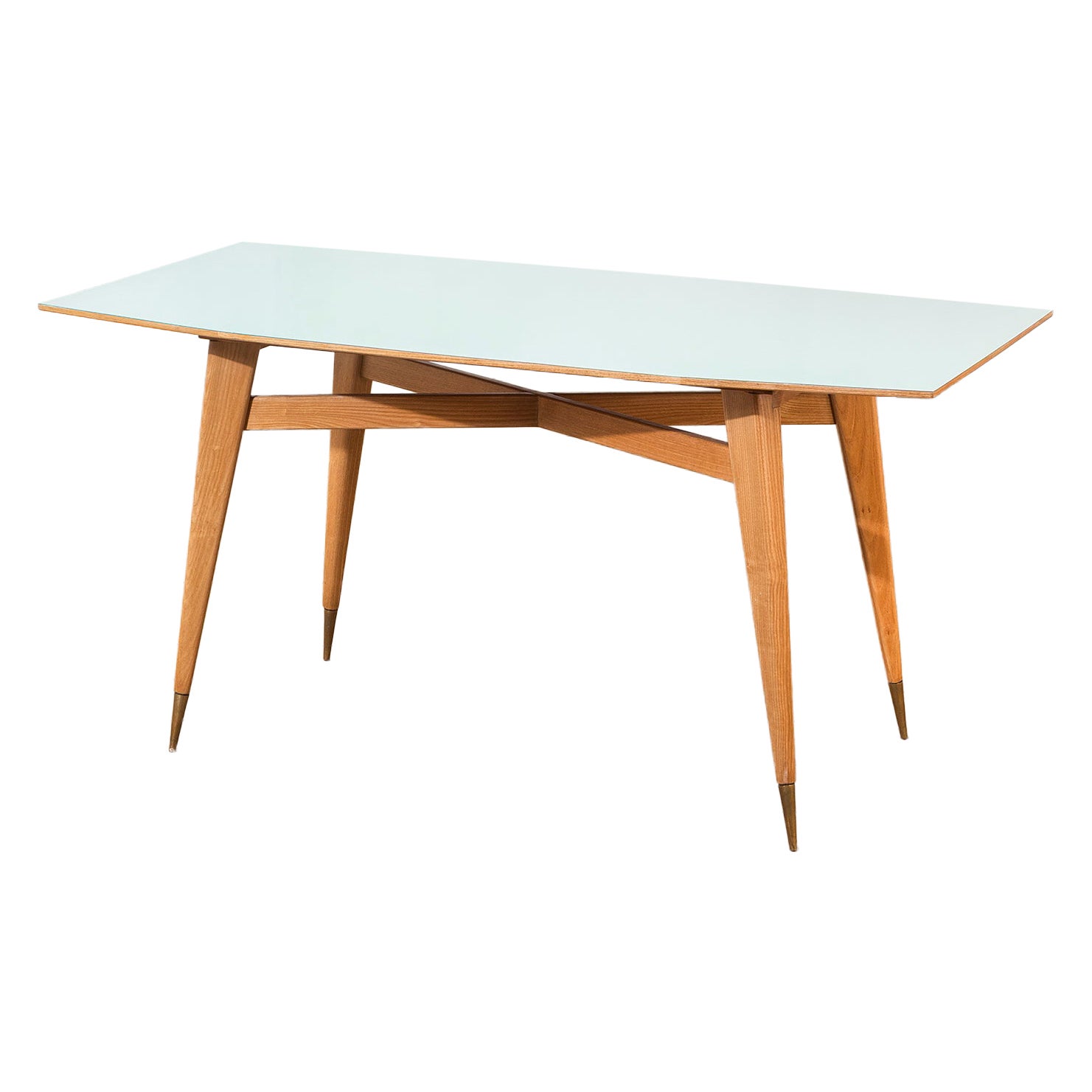 siglo XX, Mesa de comedor Gio Ponti, estructura de madera con detalles de latón, 1954