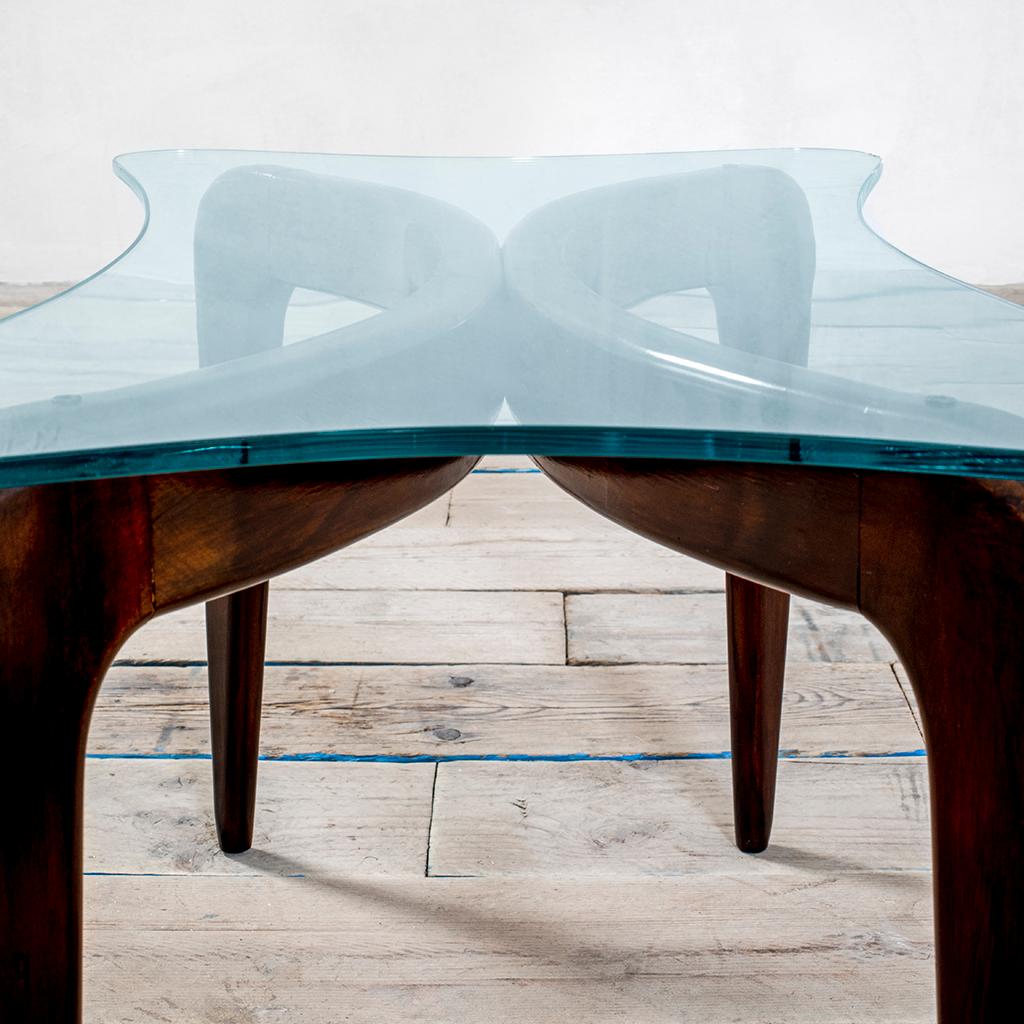 Verre Table basse Gio Ponti Fontana Arte du 20e siècle en Wood et plateau en verre papillon en vente