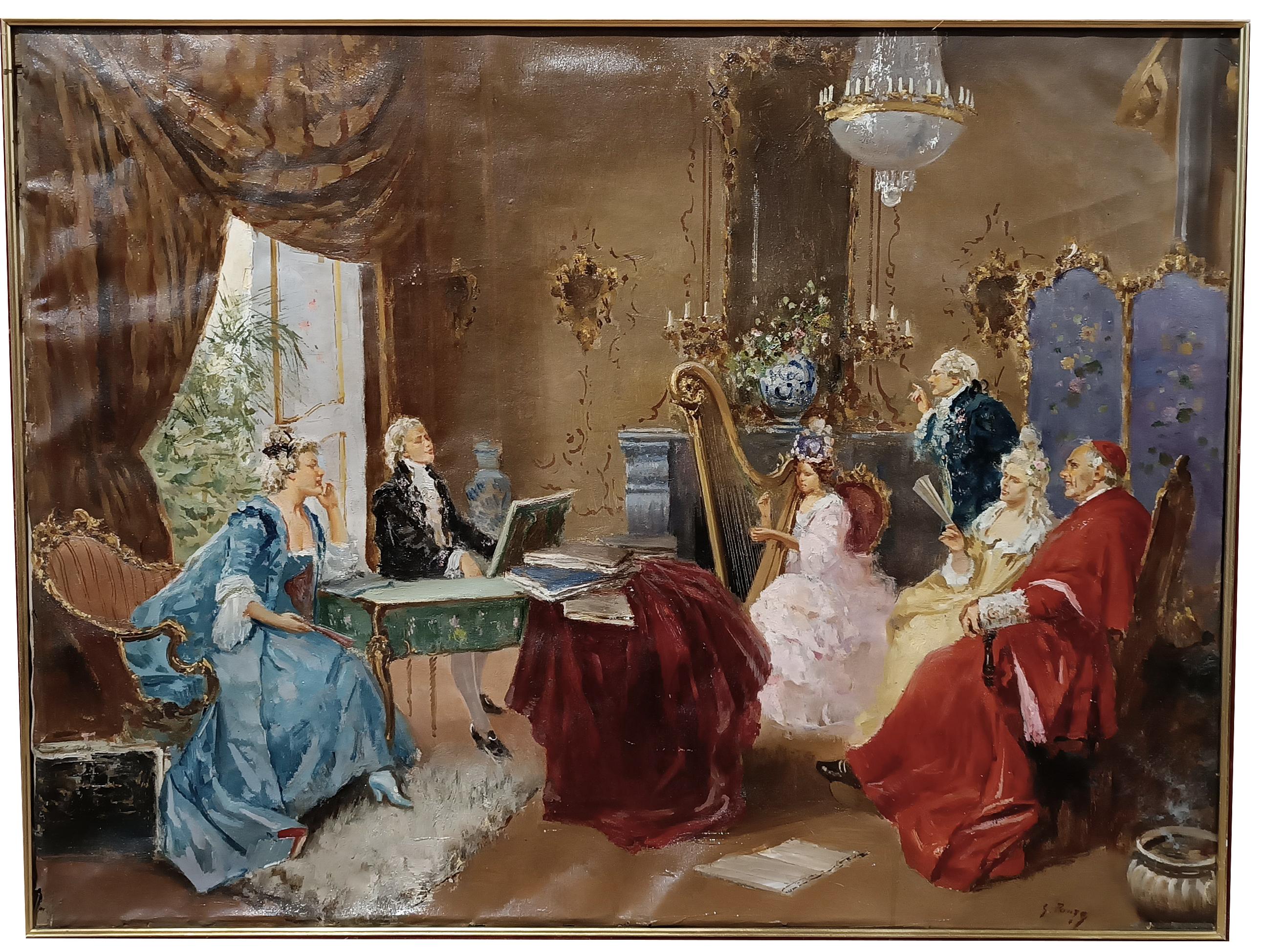 Italian 20th CENTURY GIOVANNI PANZA'S INTERIOR SCENE WITH MUSICIANS For Sale