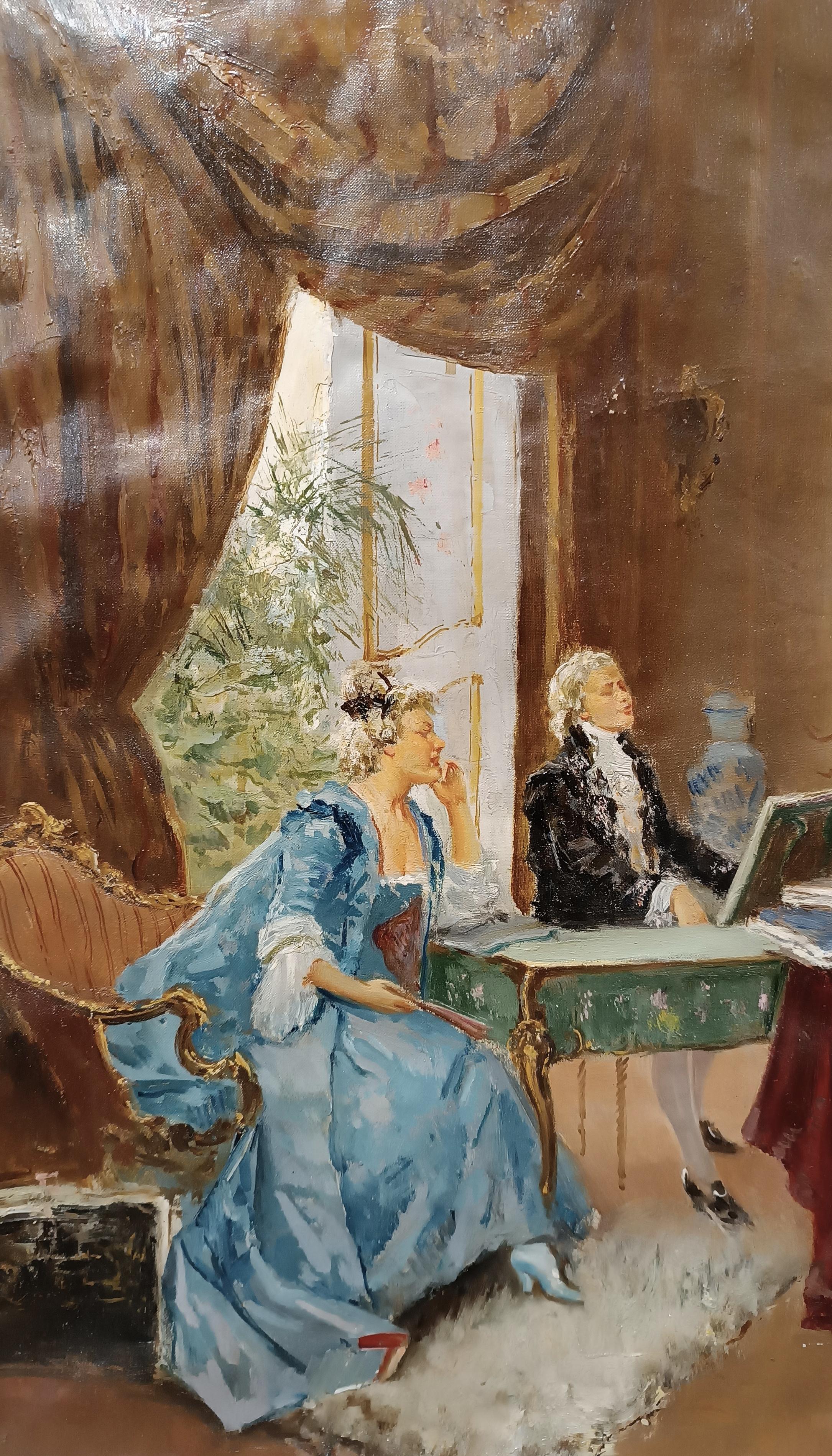 Oiled 20th CENTURY GIOVANNI PANZA'S INTERIOR SCENE WITH MUSICIANS For Sale
