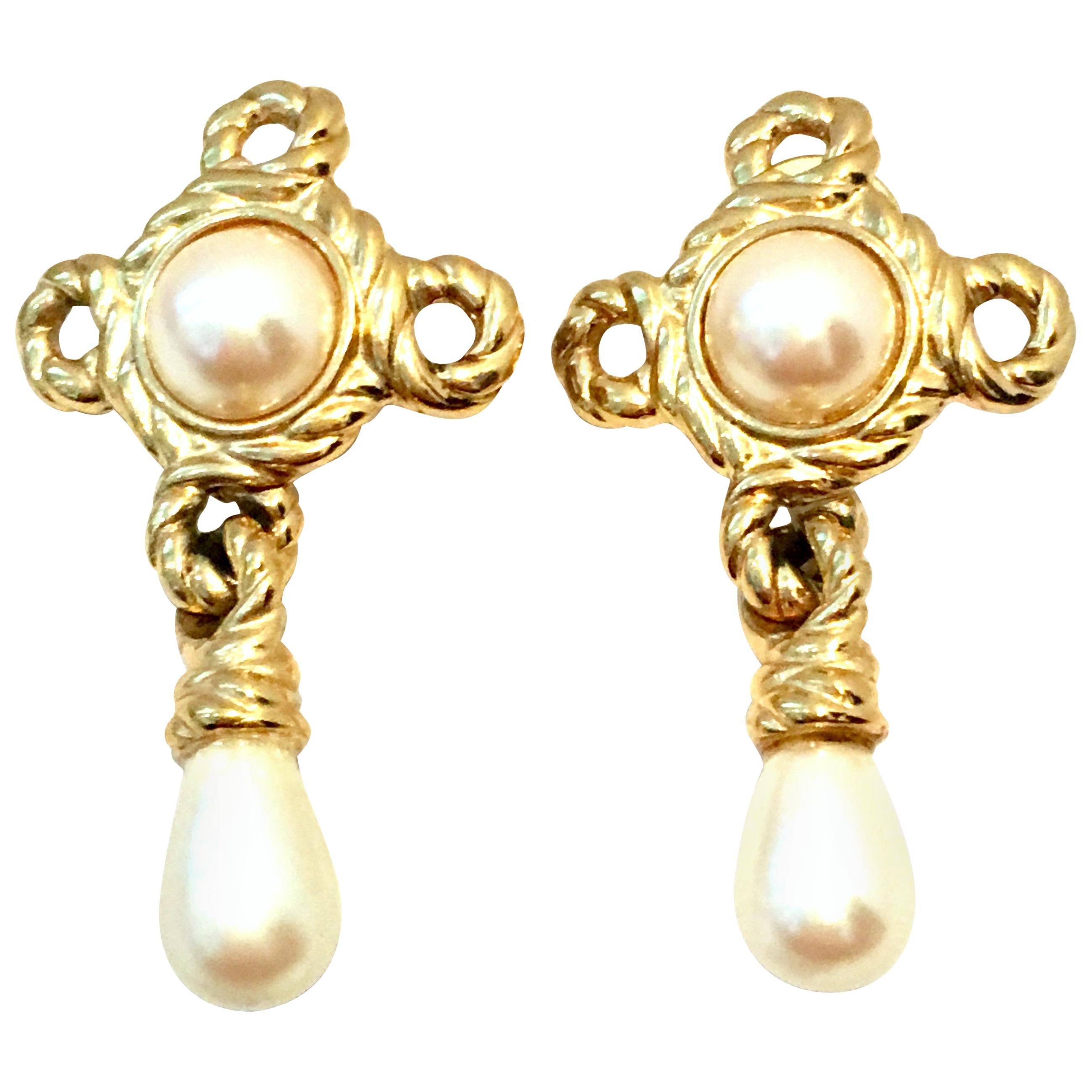 20th Century Givenchy Pair Of Gold Plate & Faux Pearl Drop Earrings For Sale