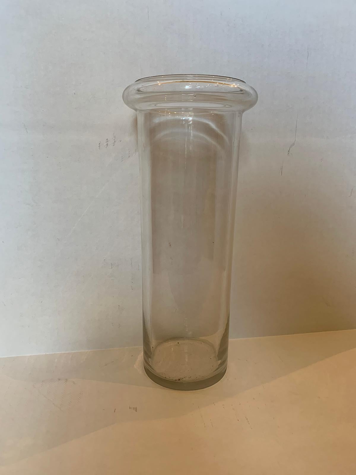 20th century glass cylinder vase with rolled edges.