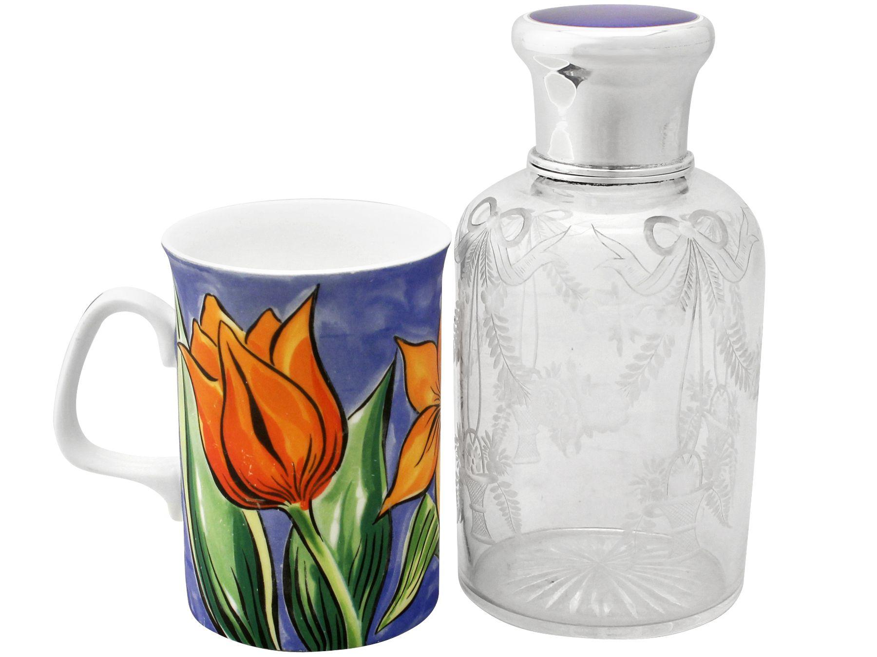 English 20th Century Glass Enamel and Sterling Silver Cologne Bottle For Sale