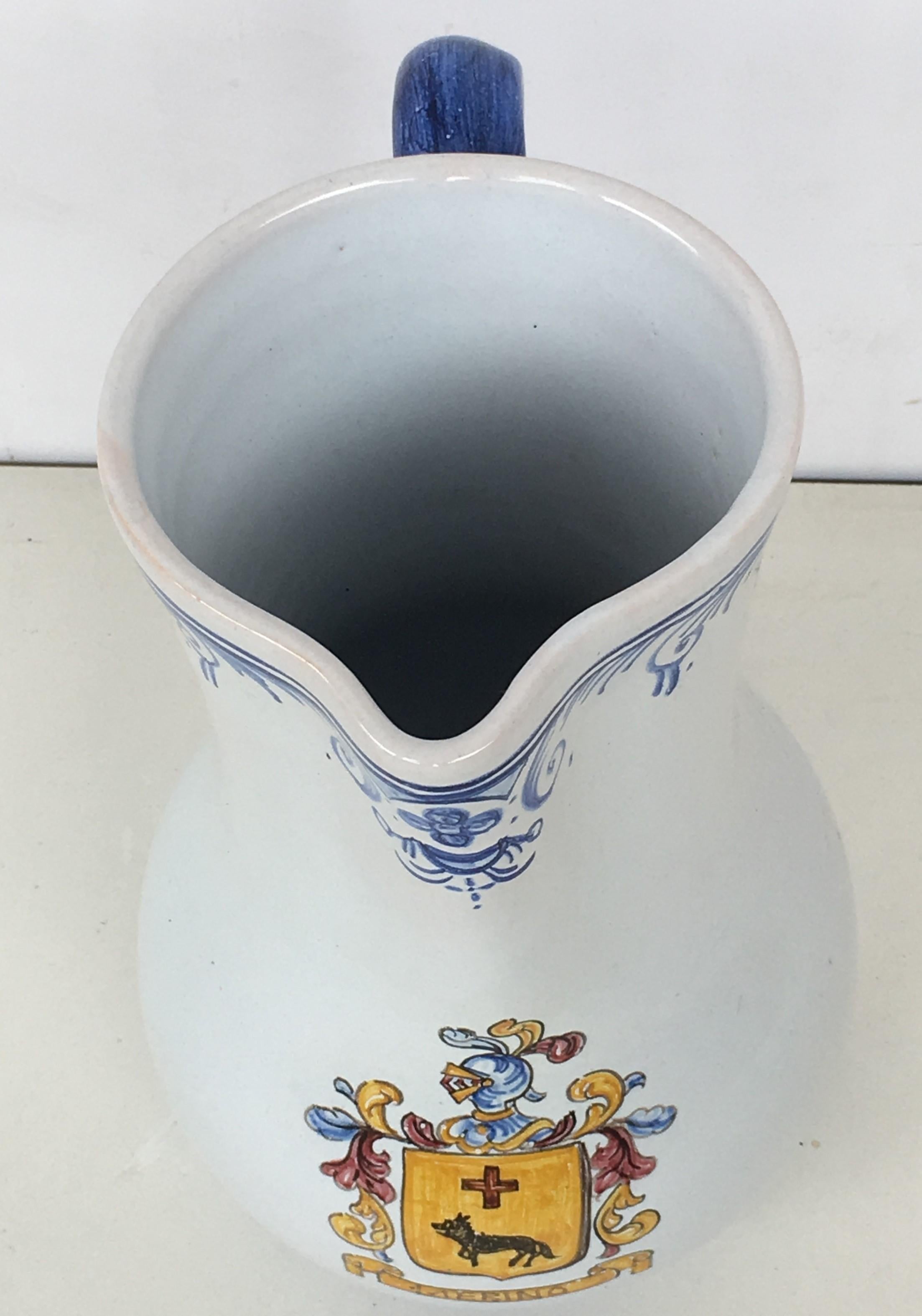 Spanish 20th Century Glazed Earthenware Blue and White Painted Pitcher, Signed Talavera For Sale