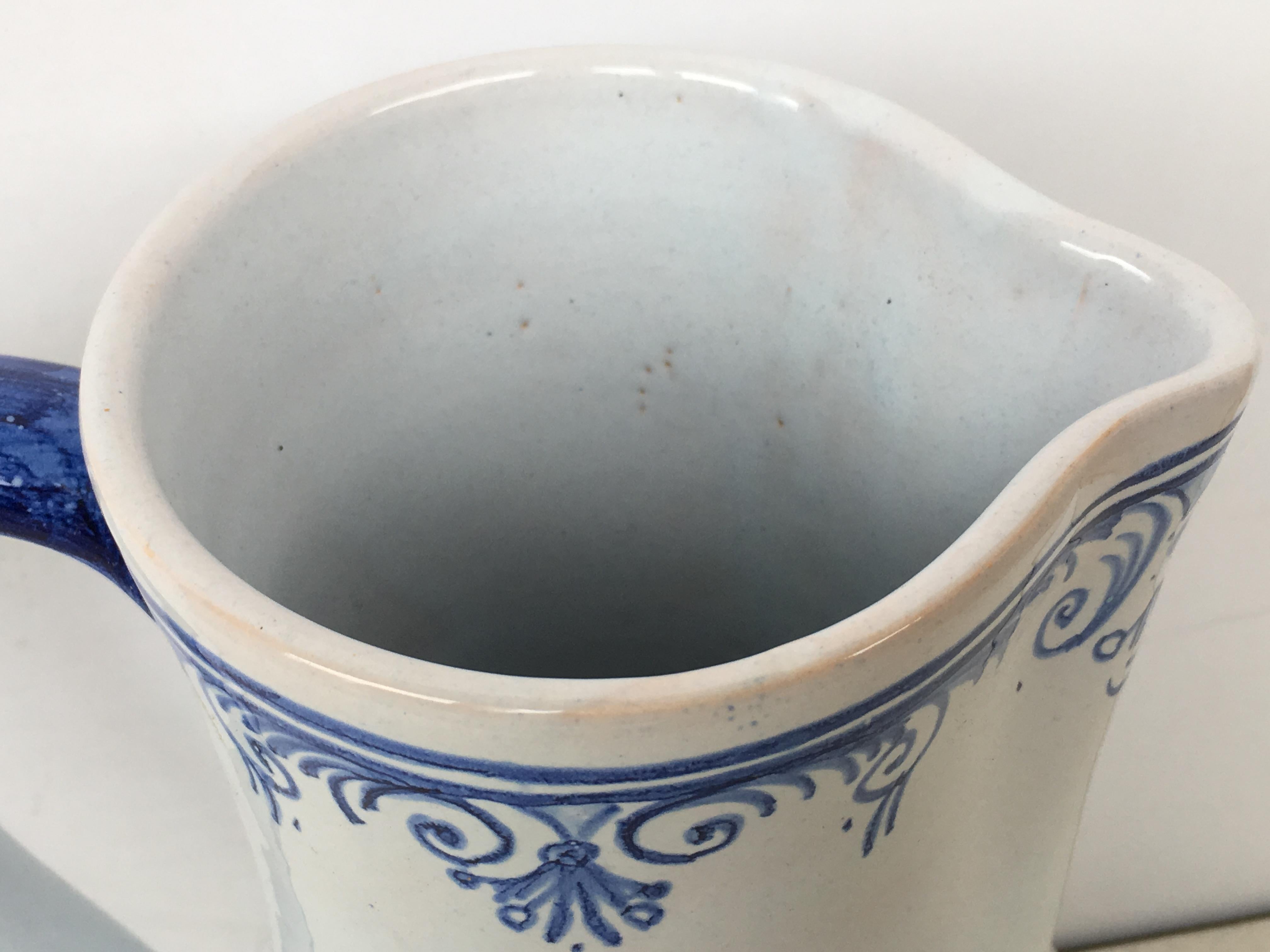 Ceramic 20th Century Glazed Earthenware Blue and White Painted Pitcher, Signed Talavera For Sale
