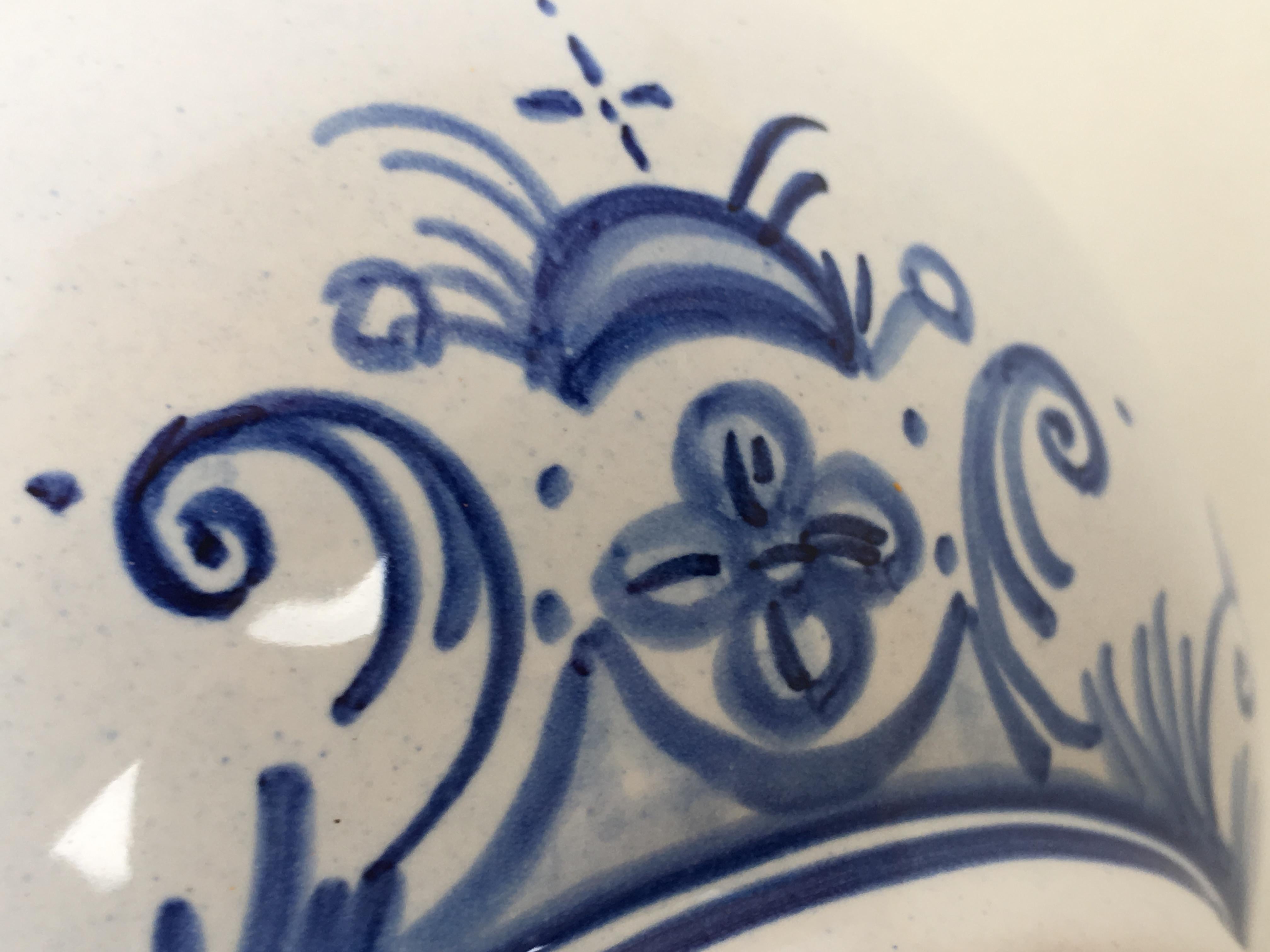 20th Century Glazed Earthenware Blue and White Painted Pitcher, Signed Talavera For Sale 2