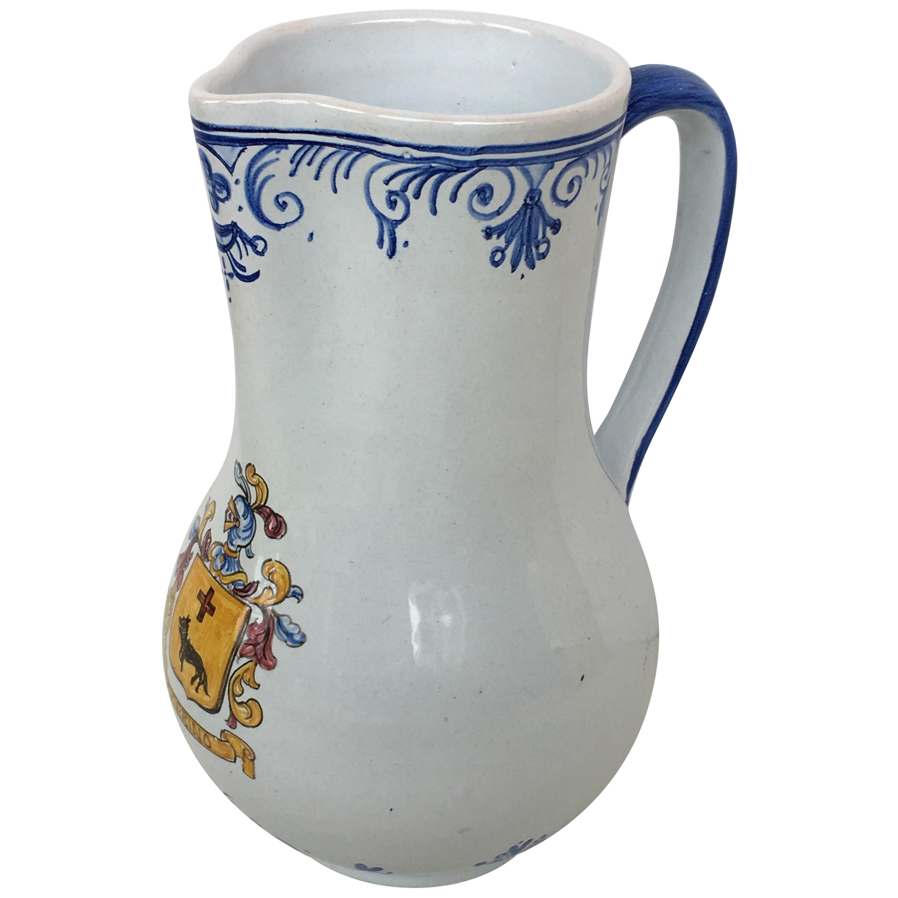 20th Century Glazed Earthenware Blue and White Painted Pitcher, Signed Talavera