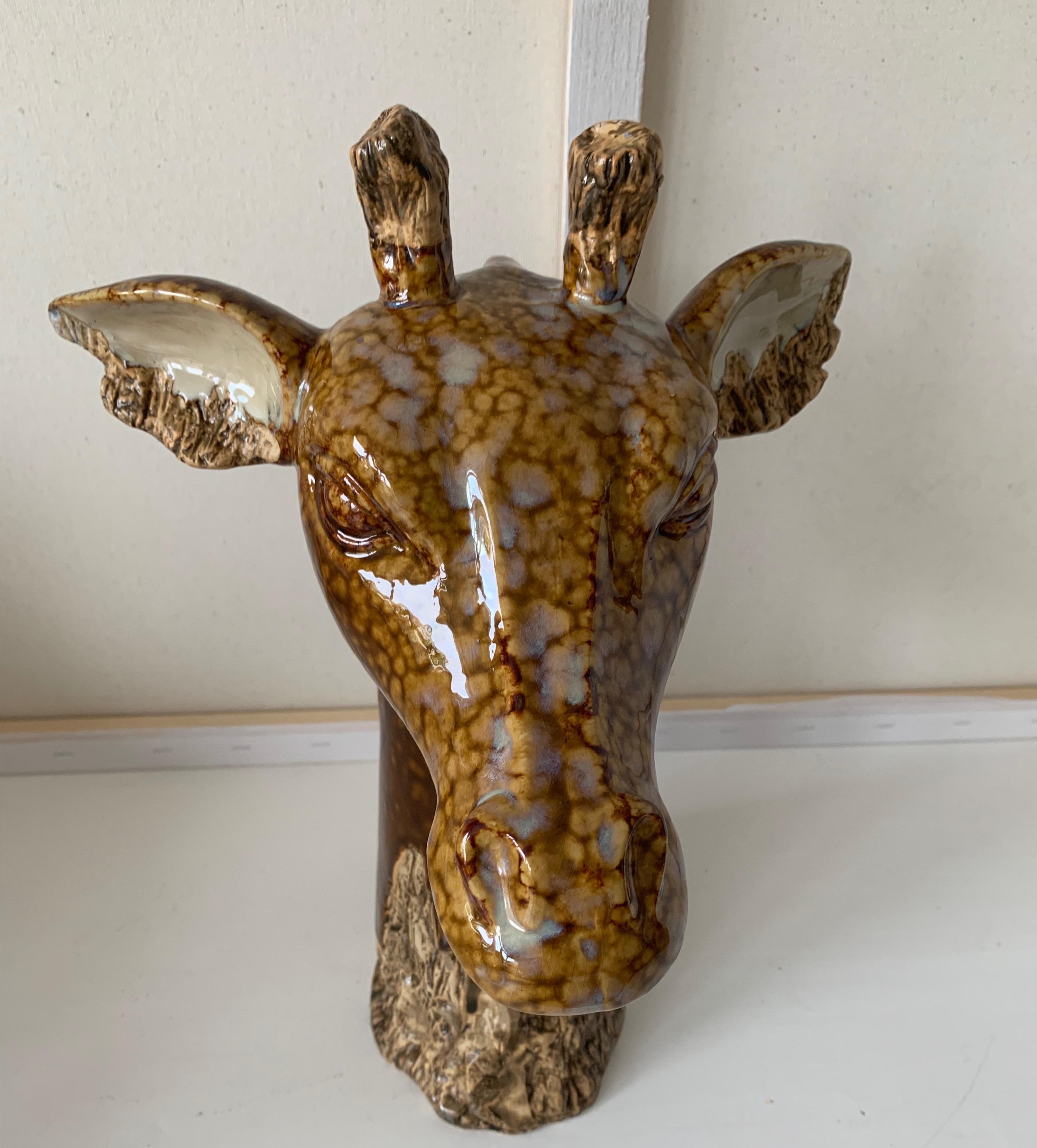 European 20th Century Glazed Earthenware Giraffe Sculpture Bright Colors & Mint Condition For Sale