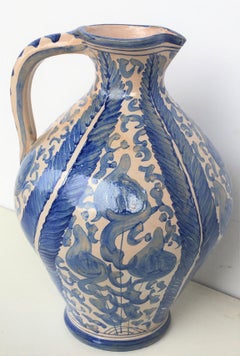 20th Century Glazed Earthenware Spanish Blue and White Painted Pitcher