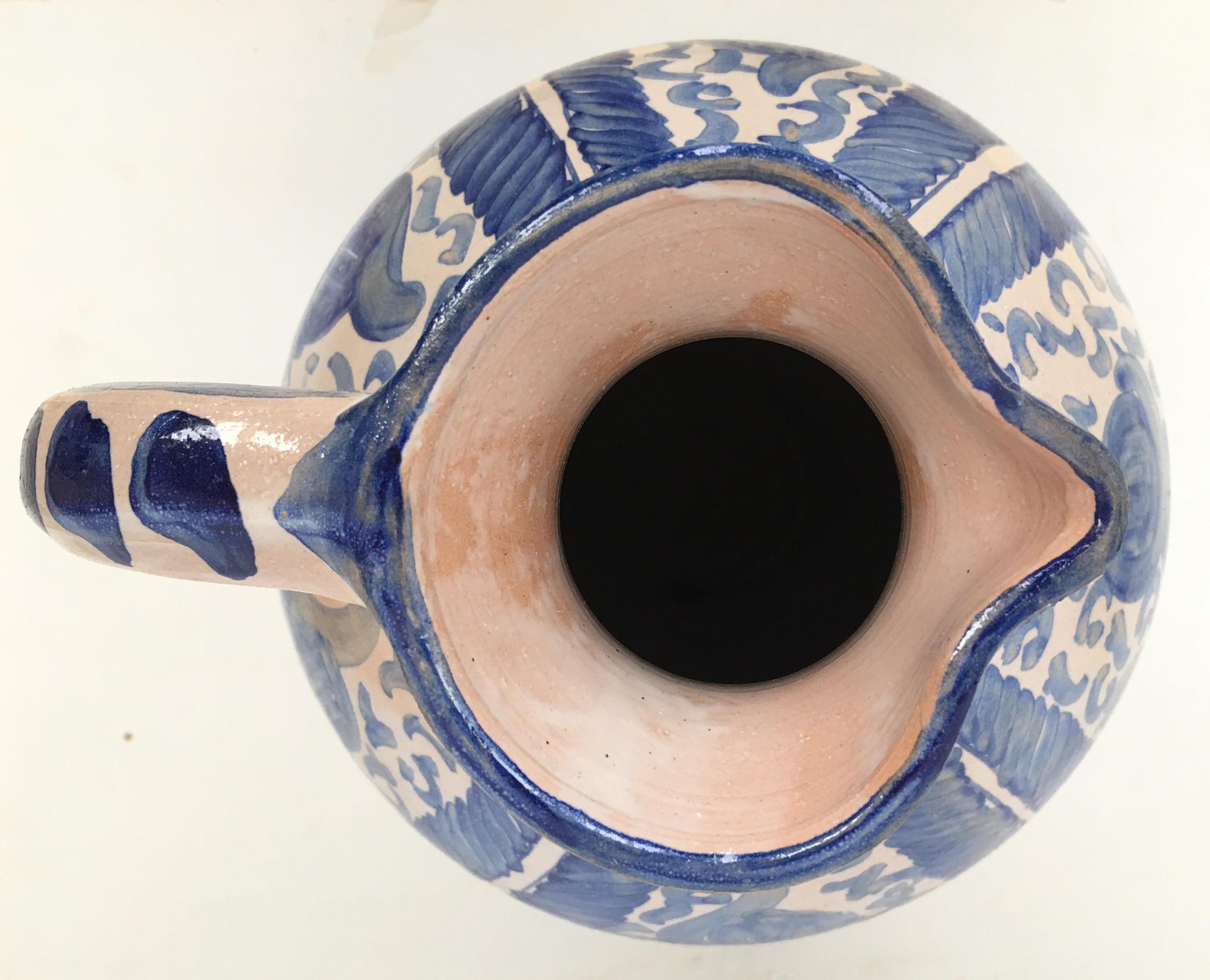 Spanish Colonial 20th Century Glazed Earthenware Spanish Blue and White Painted Pitcher For Sale