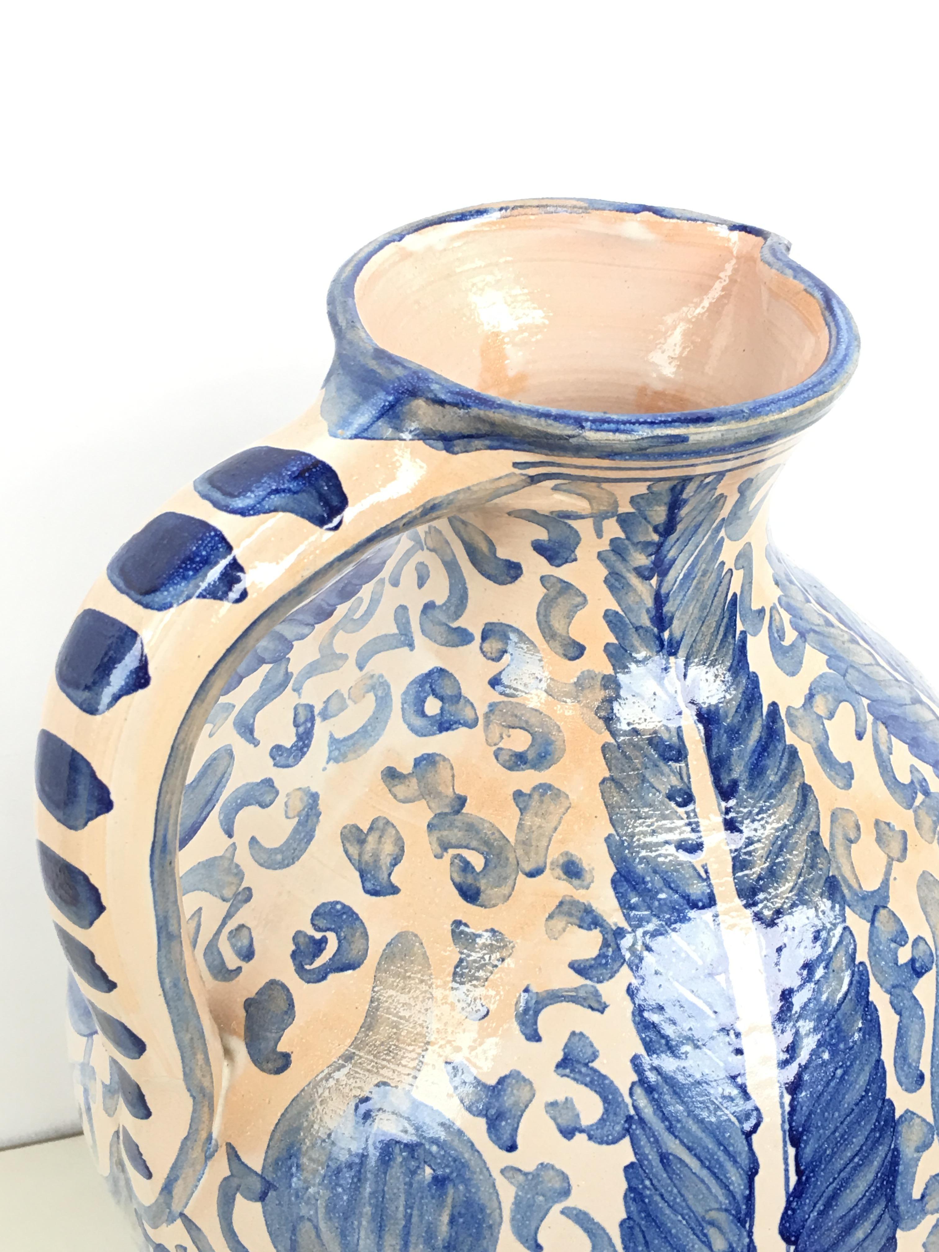 20th Century Glazed Earthenware Spanish Blue and White Painted Pitcher In Good Condition For Sale In Miami, FL