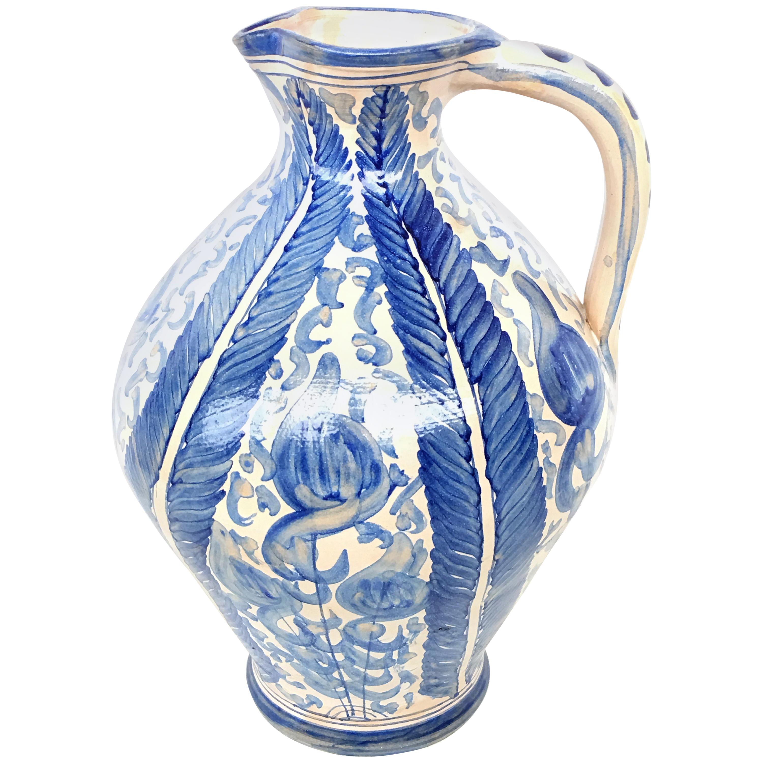 20th Century Glazed Earthenware Spanish Blue and White Painted Pitcher For Sale