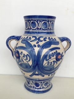 20th Century Glazed Earthenware Spanish Blue and White Painted Urn, Vase