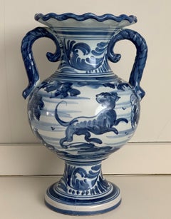 20th Century Glazed Earthenware Spanish Blue and White Painted Urn, Vase