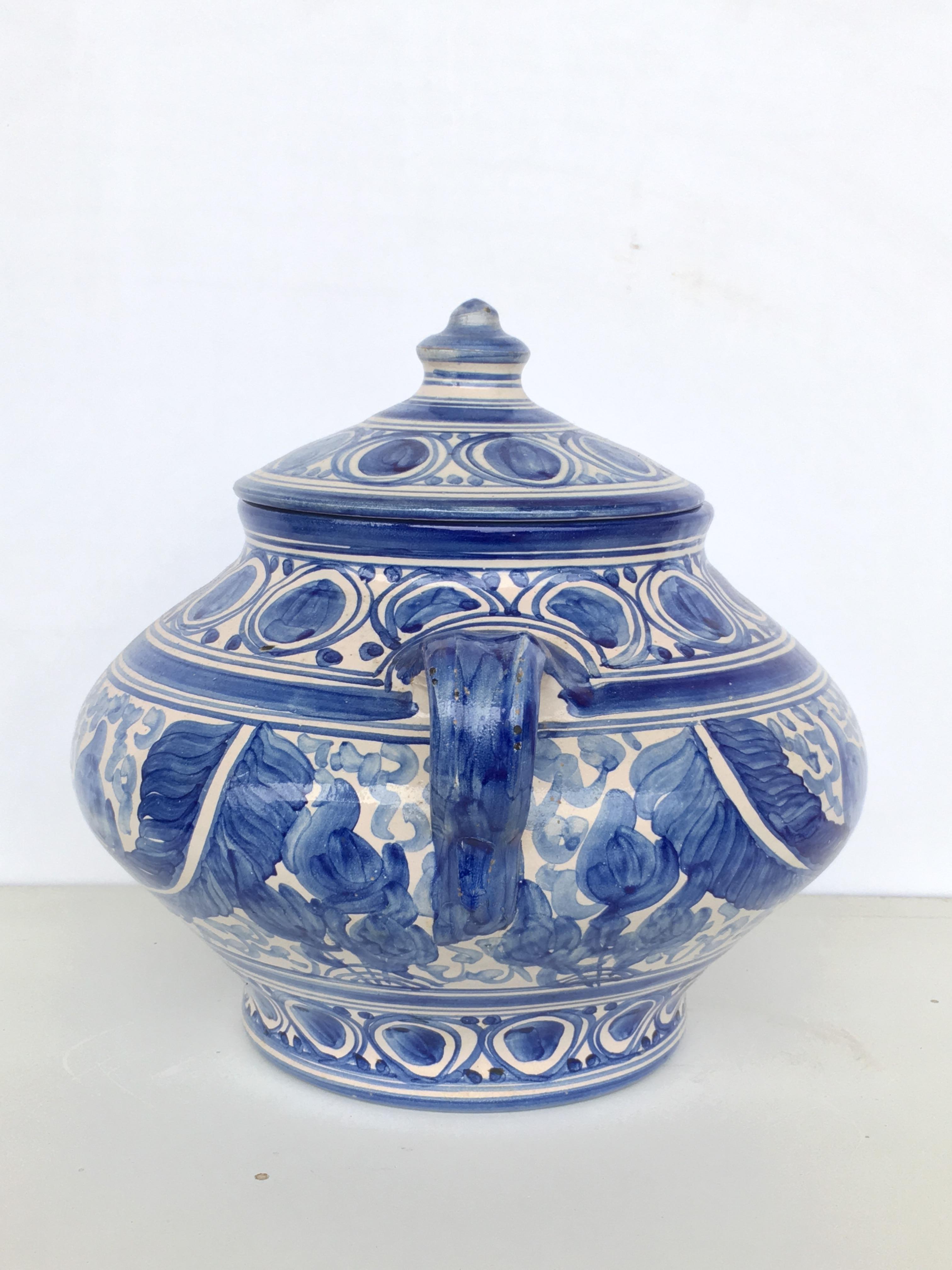 Spanish Colonial 20th Century Glazed Earthenware Spanish Blue and White Painted Urn, Vase For Sale