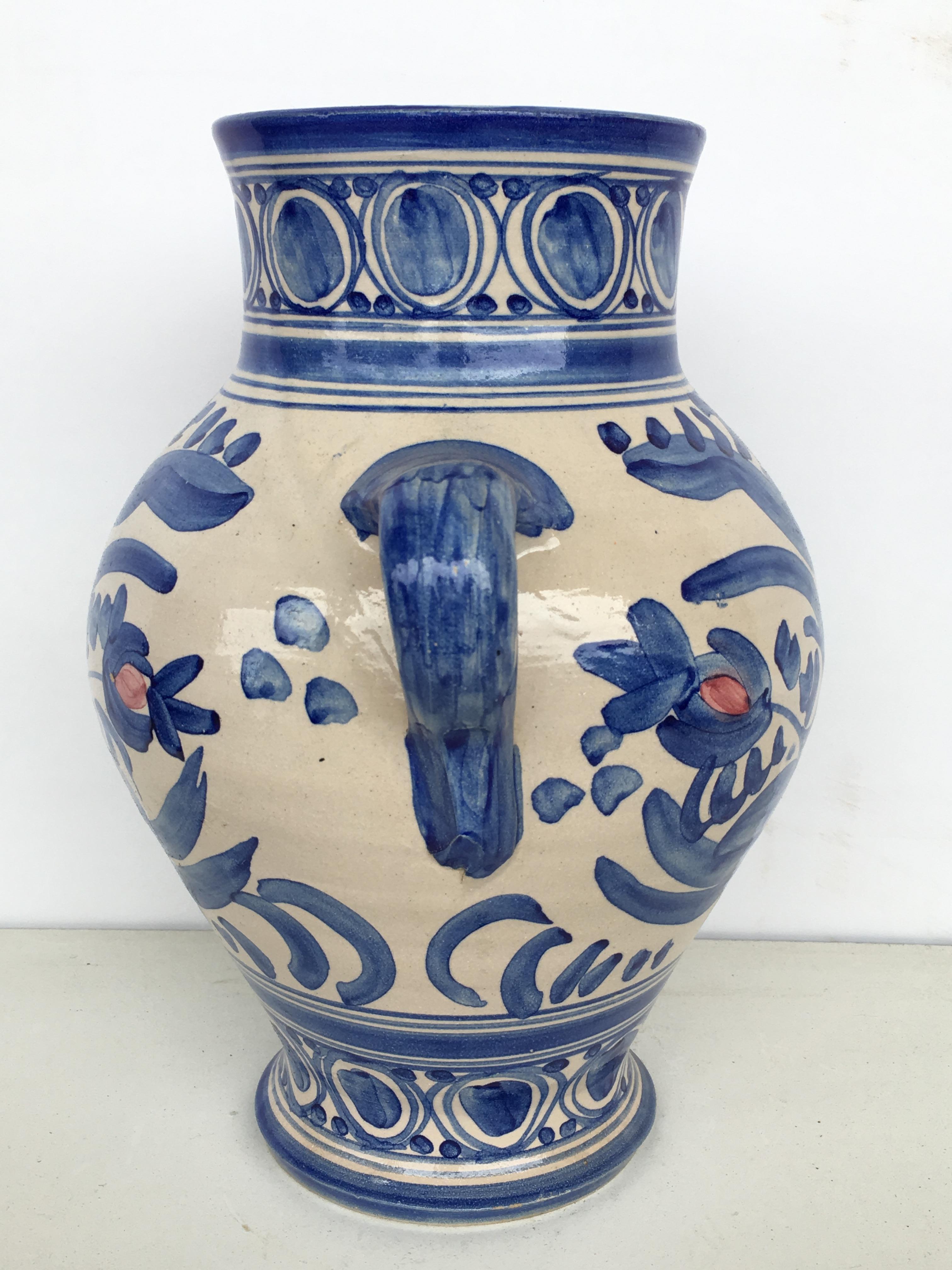20th Century Glazed Earthenware Spanish Blue and White Painted Urn, Vase In Good Condition In Miami, FL