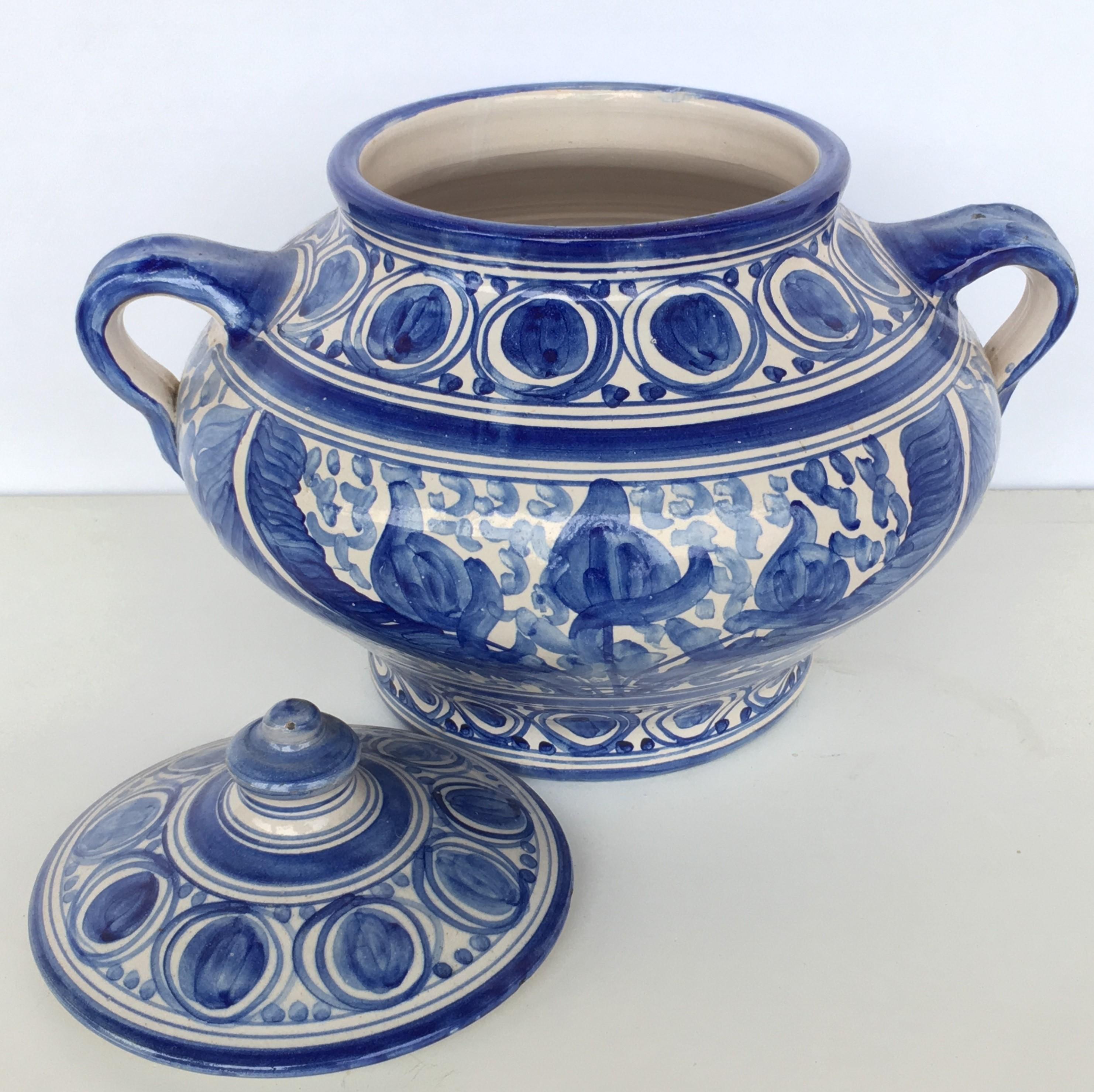 20th Century Glazed Earthenware Spanish Blue and White Painted Urn, Vase In Good Condition For Sale In Miami, FL
