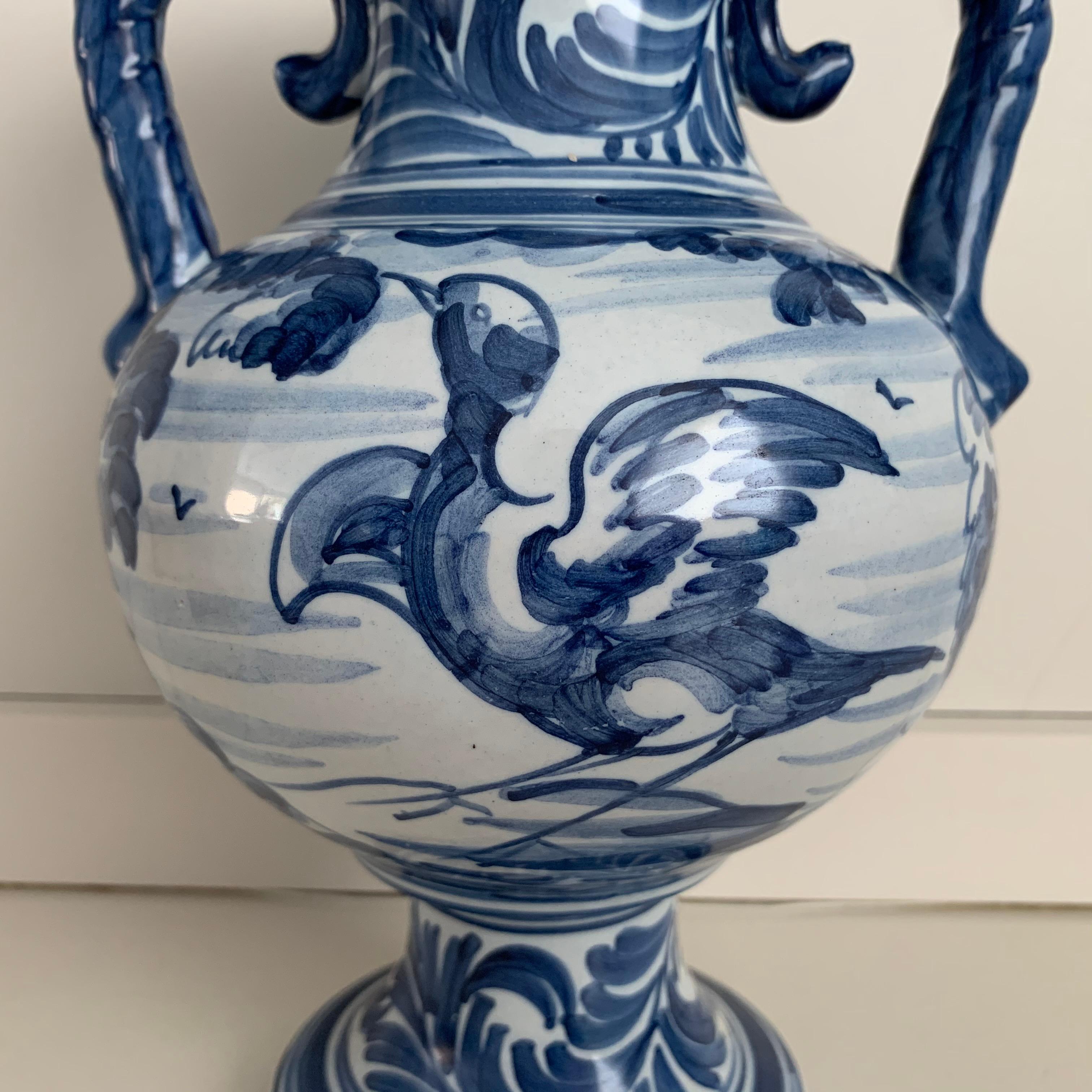 Spanish Colonial 20th Century Glazed Earthenware Spanish Blue and White Painted Urn, Vase