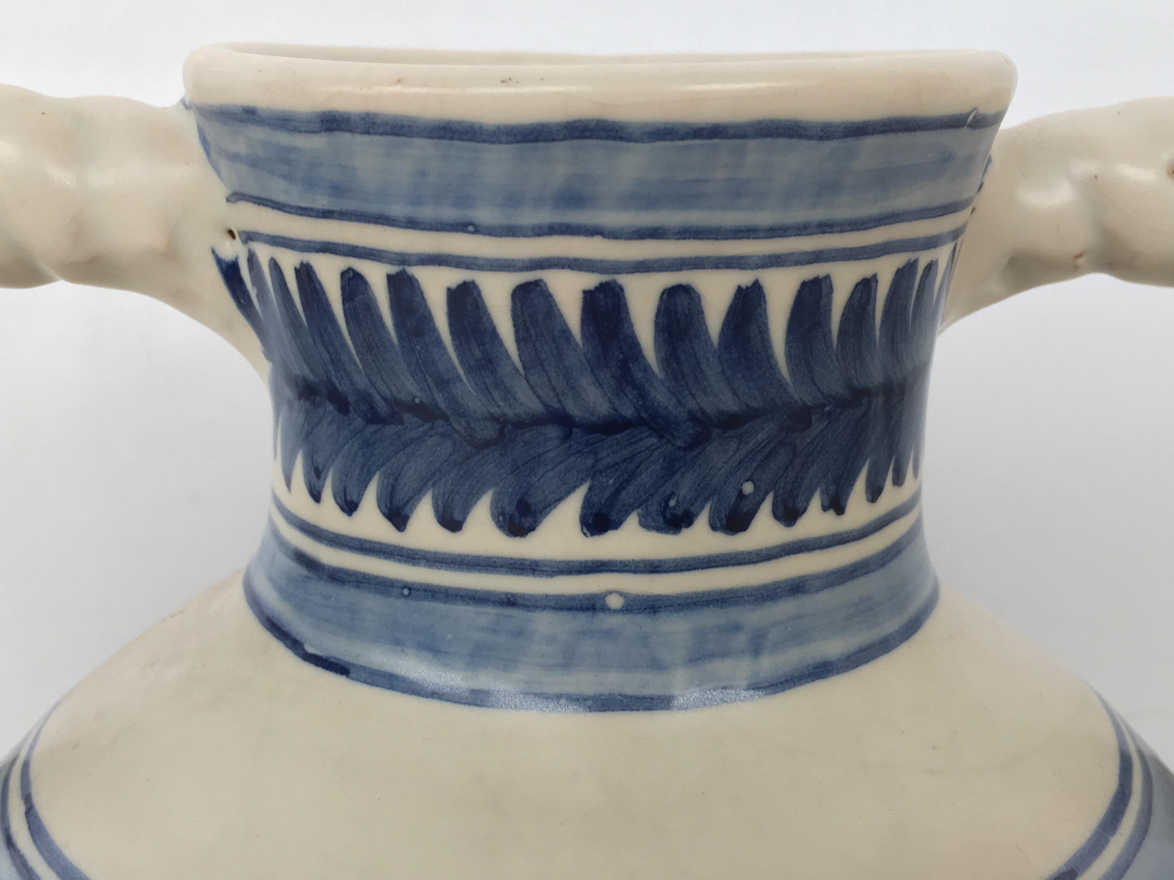 19th Century 20th Century Glazed Earthenware Spanish Blue and White Painted Urn, Vase