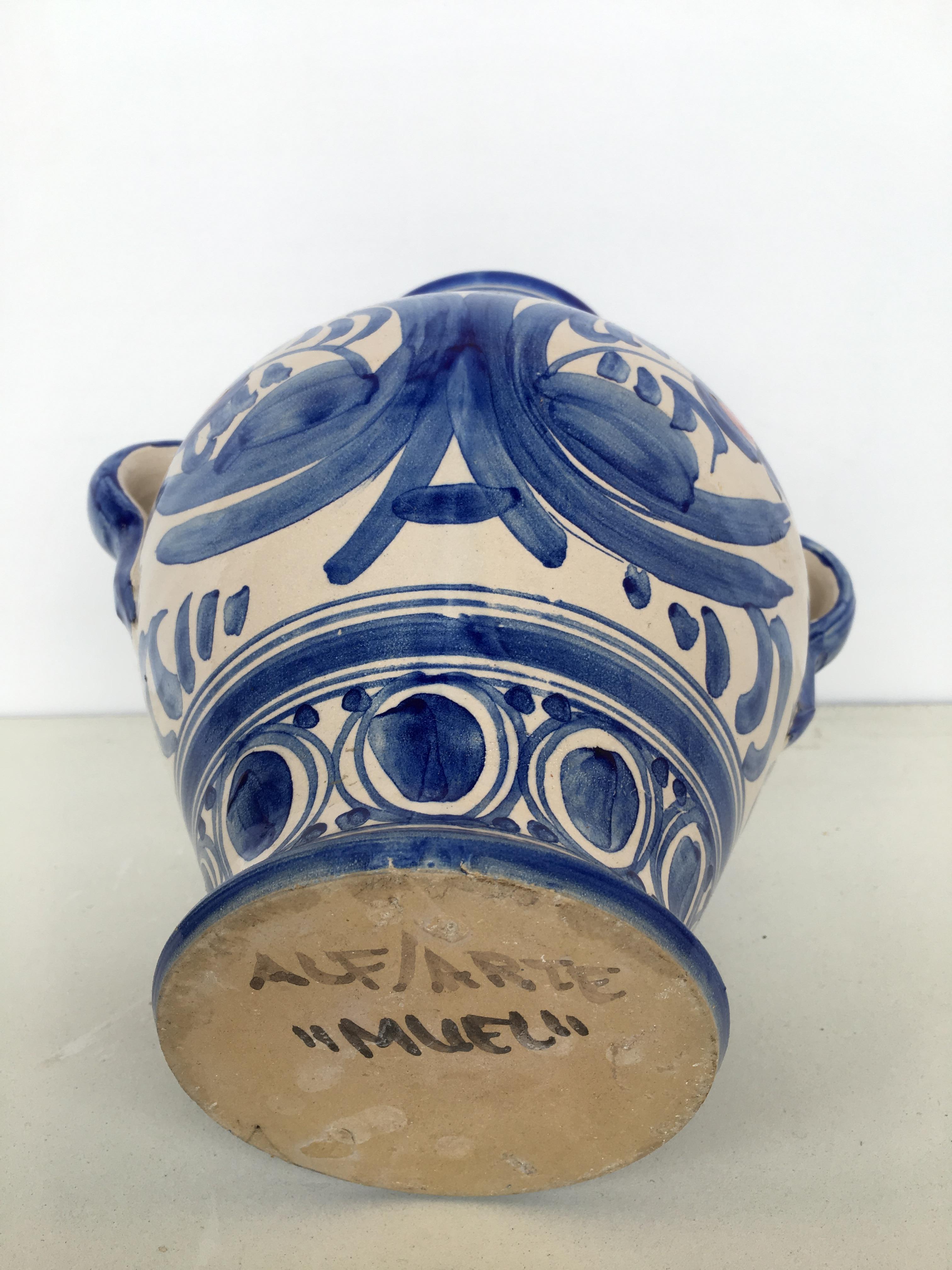 19th Century 20th Century Glazed Earthenware Spanish Blue and White Painted Urn, Vase