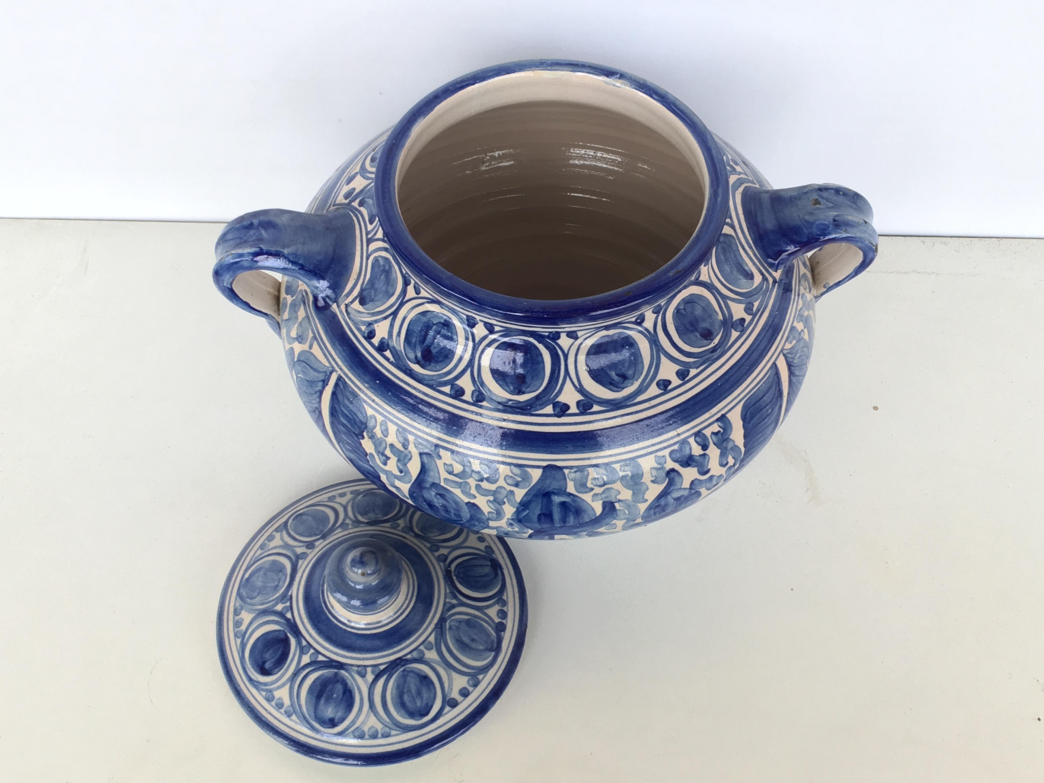 19th Century 20th Century Glazed Earthenware Spanish Blue and White Painted Urn, Vase For Sale