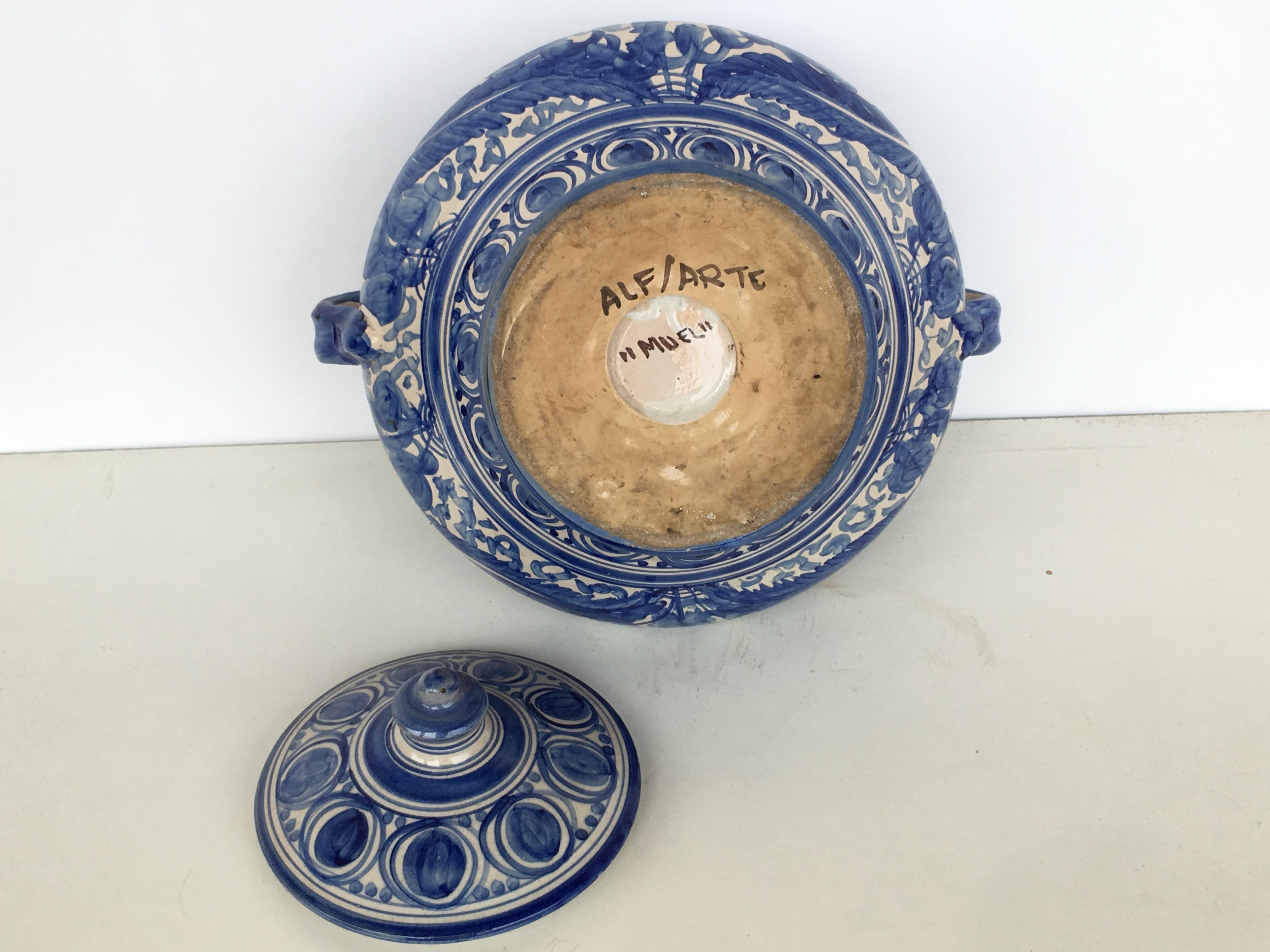 Ceramic 20th Century Glazed Earthenware Spanish Blue and White Painted Urn, Vase For Sale