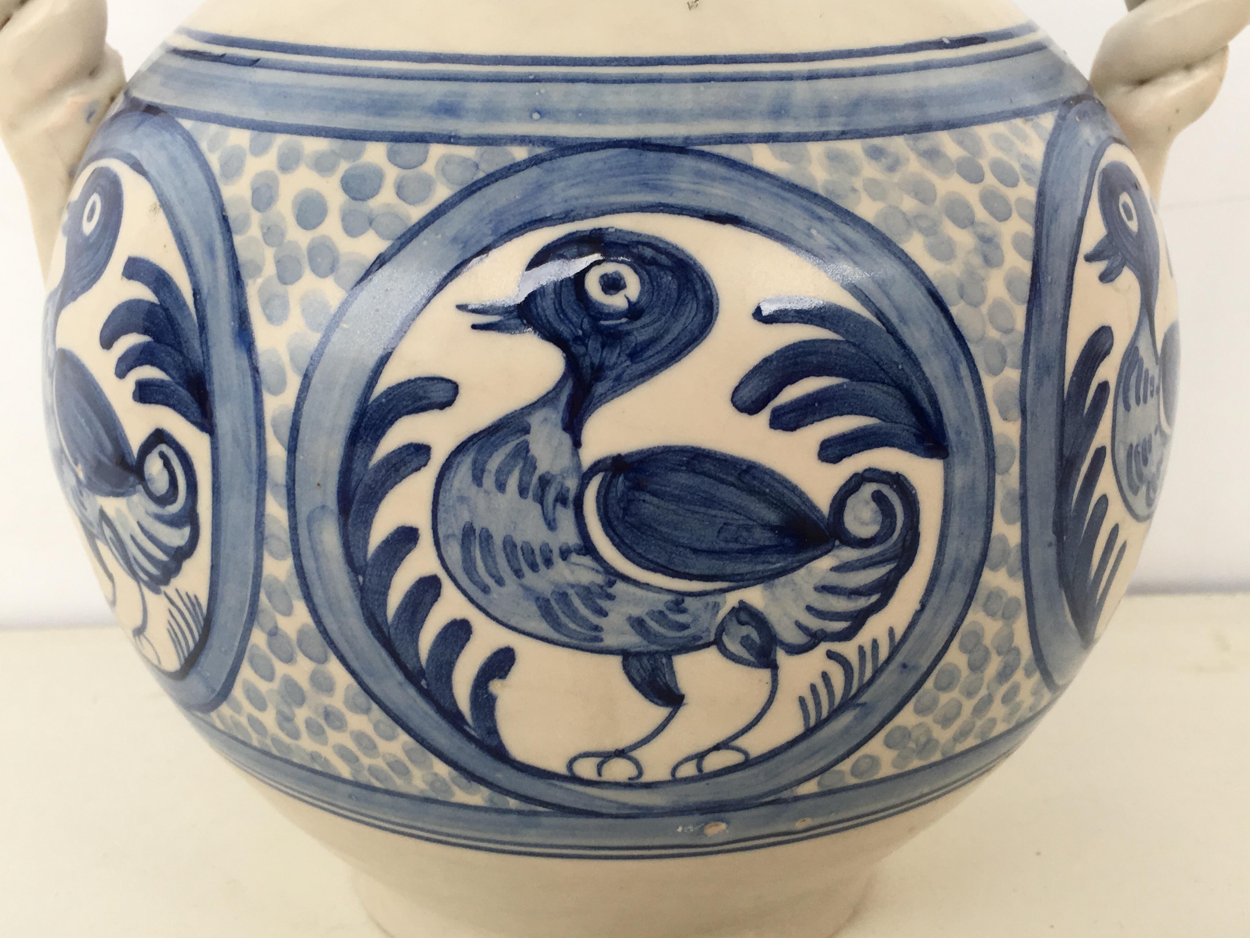 20th Century Glazed Earthenware Spanish Blue and White Painted Urn, Vase 1
