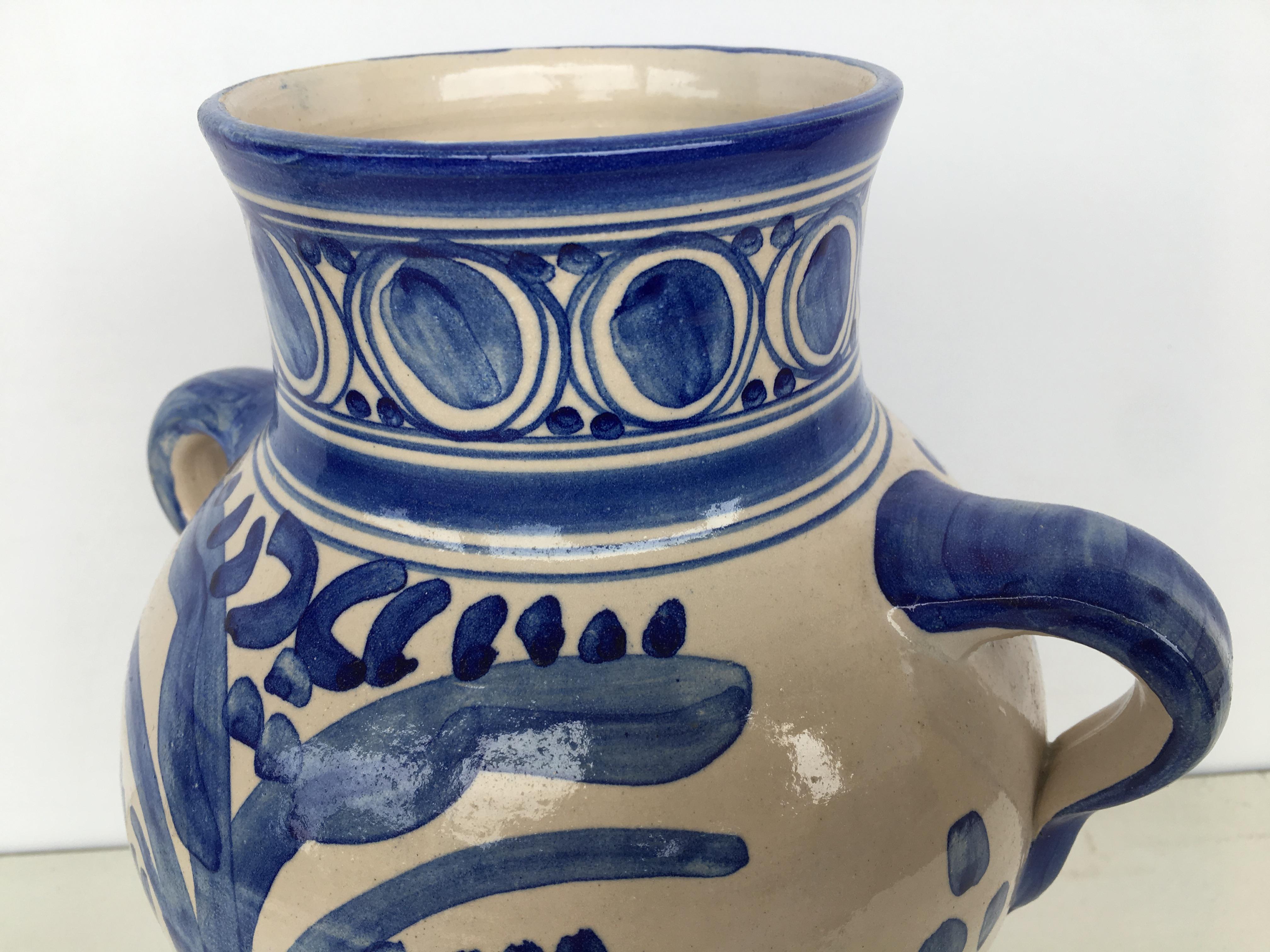 20th Century Glazed Earthenware Spanish Blue and White Painted Urn, Vase 1