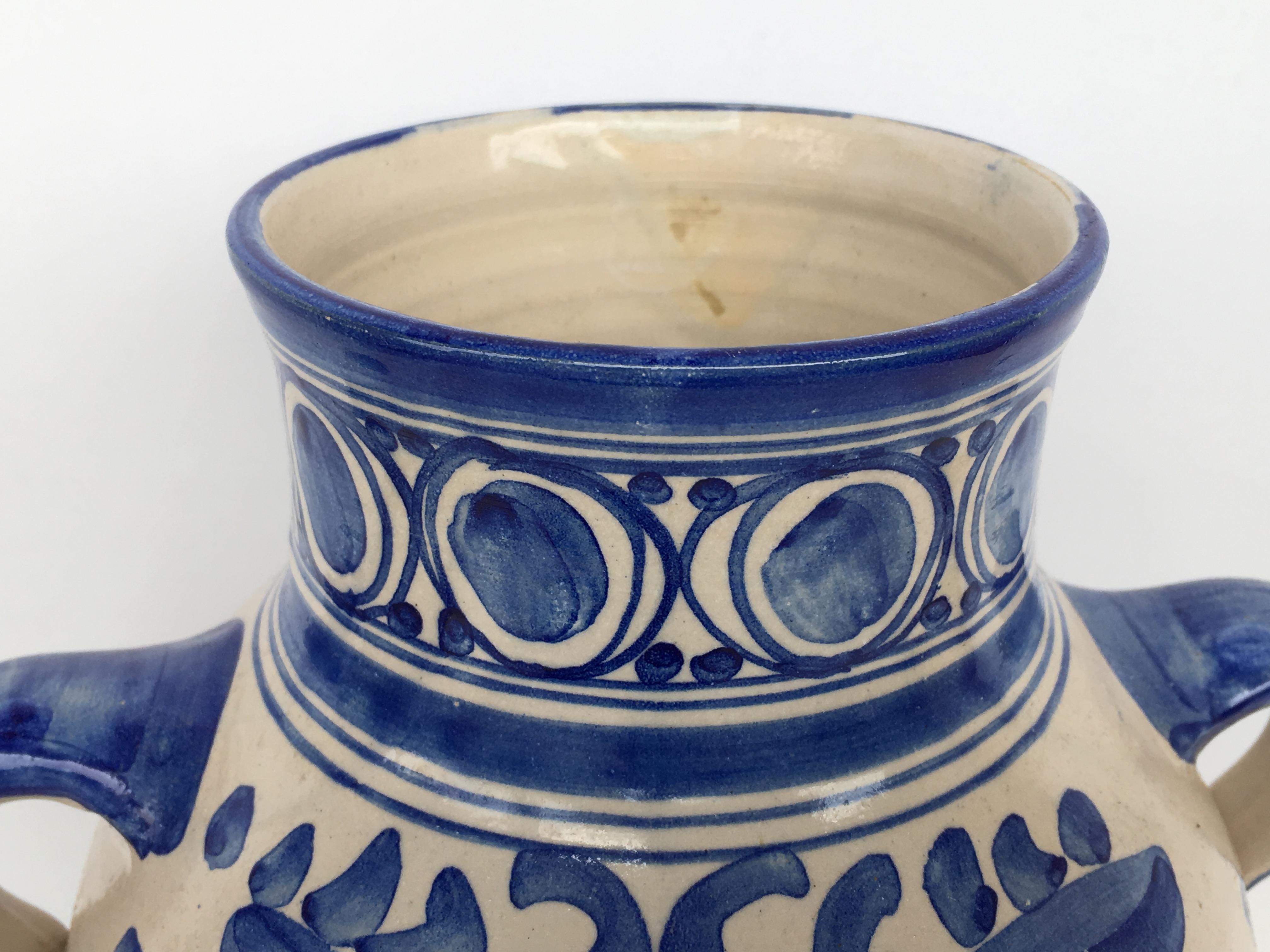 20th Century Glazed Earthenware Spanish Blue and White Painted Urn, Vase 2