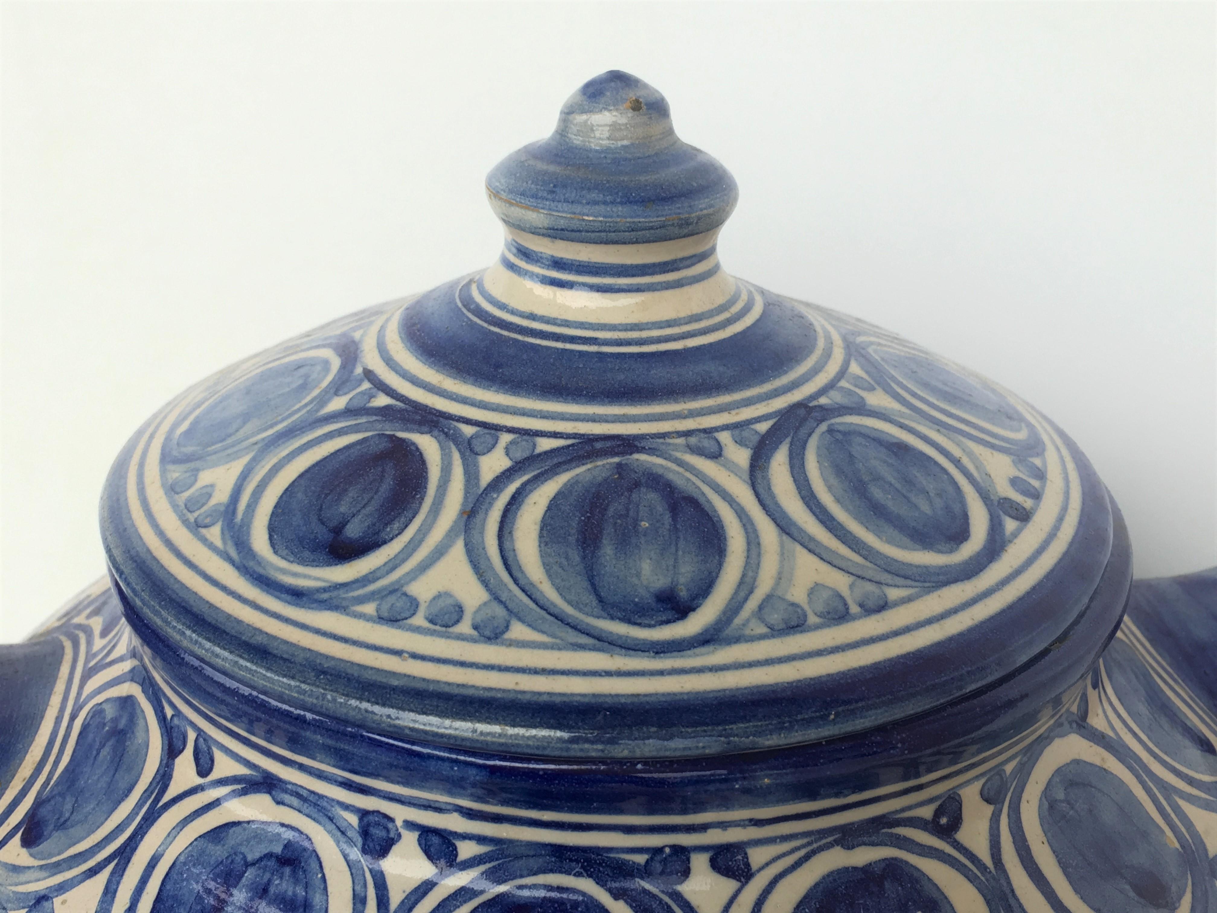 20th Century Glazed Earthenware Spanish Blue and White Painted Urn, Vase For Sale 2