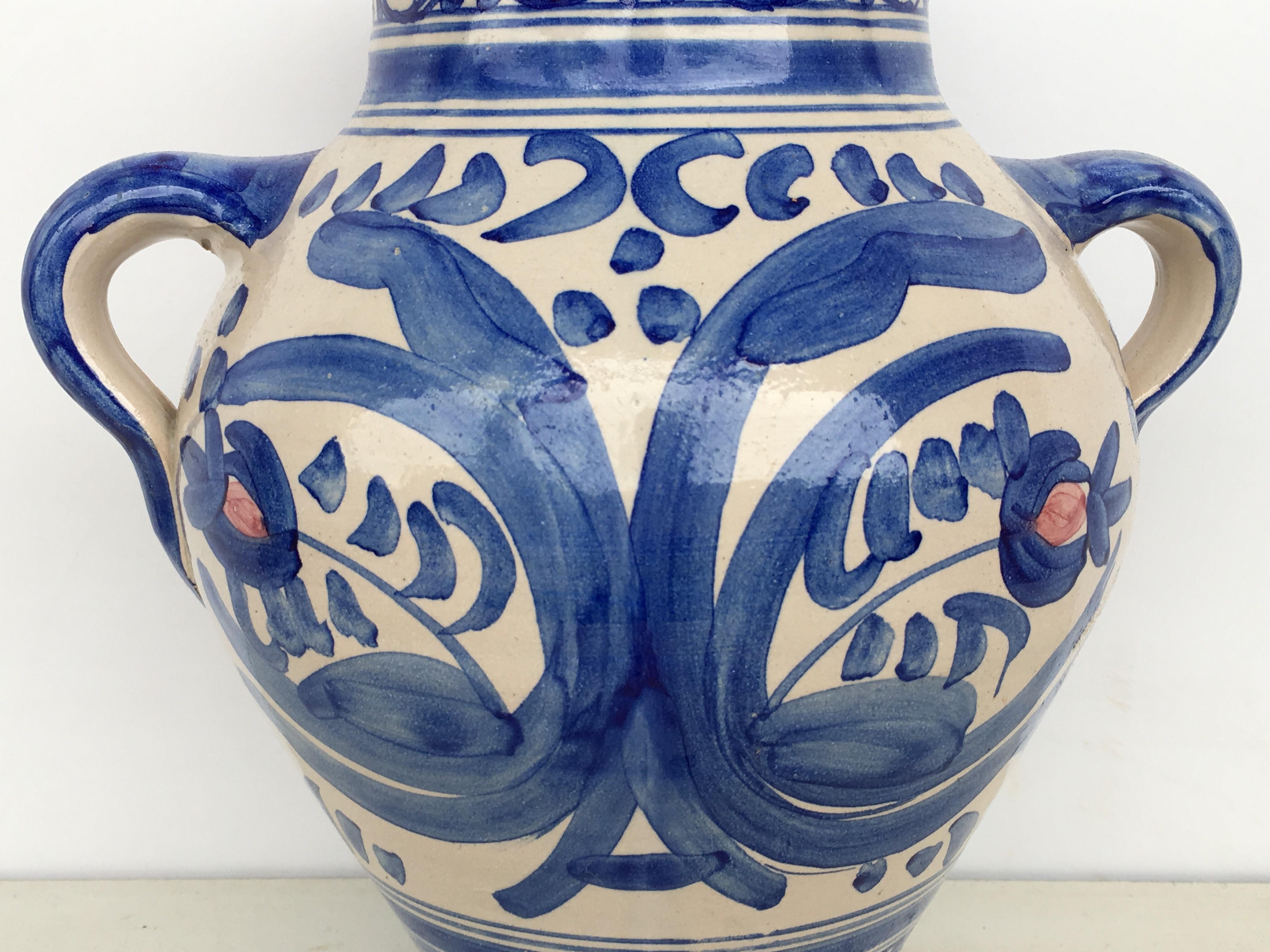 20th Century Glazed Earthenware Spanish Blue and White Painted Urn, Vase 3