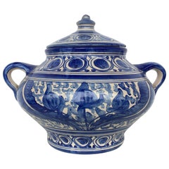 20th Century Glazed Earthenware Spanish Blue and White Painted Urn, Vase