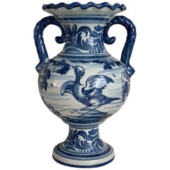 20th Century Glazed Earthenware Spanish Blue and White Painted Urn, Vase