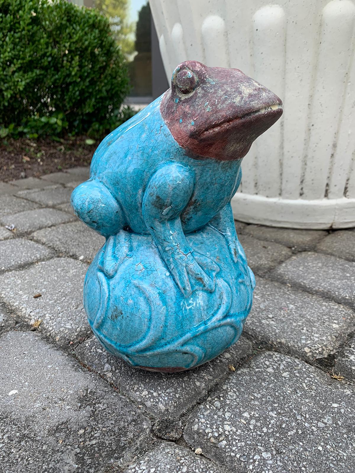 20th Century Glazed Pottery Perched Frog In Good Condition In Atlanta, GA