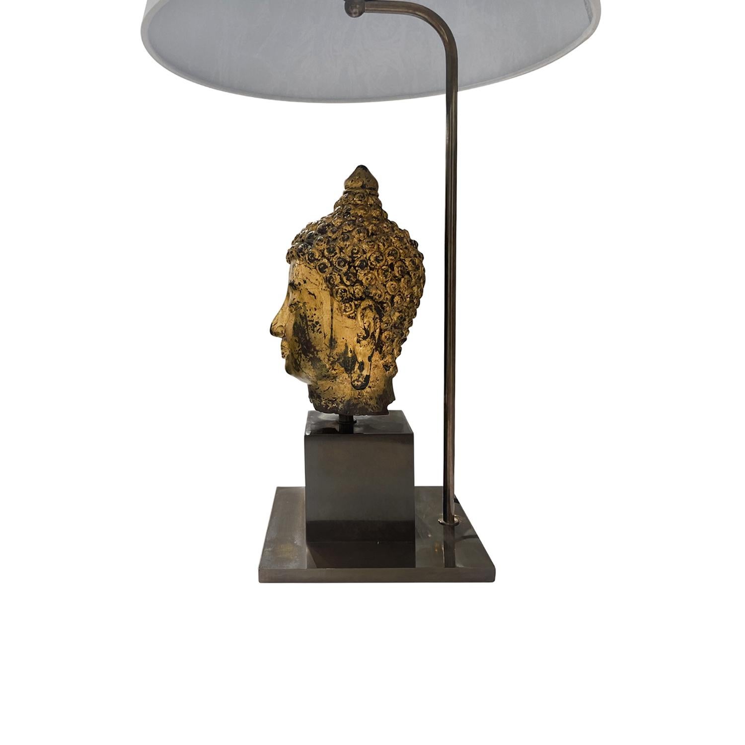 20th Century Gold Asian Metal Buddha Table Lamp, Vintage Wood Light For Sale 2