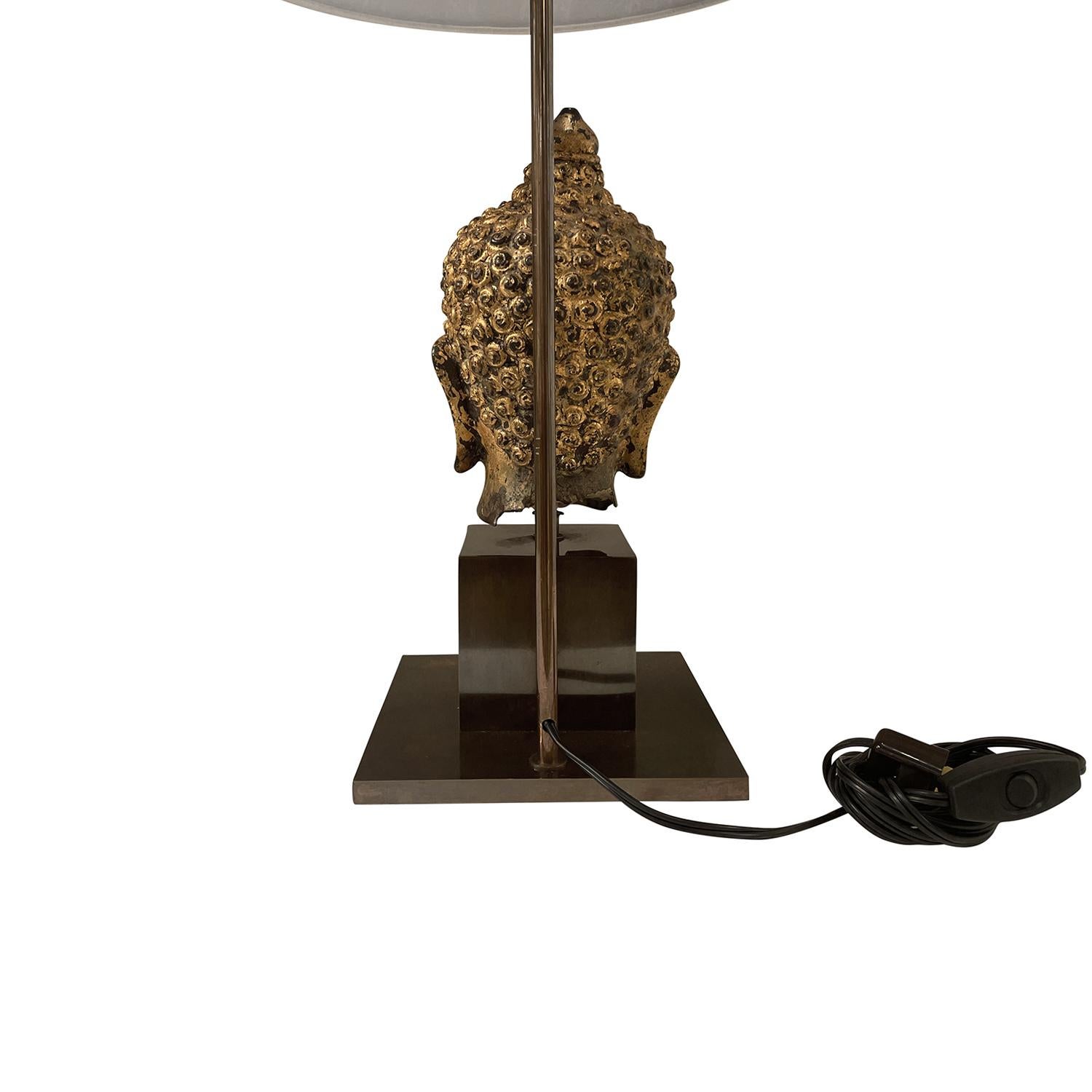 20th Century Gold Asian Metal Buddha Table Lamp, Vintage Wood Light For Sale 4