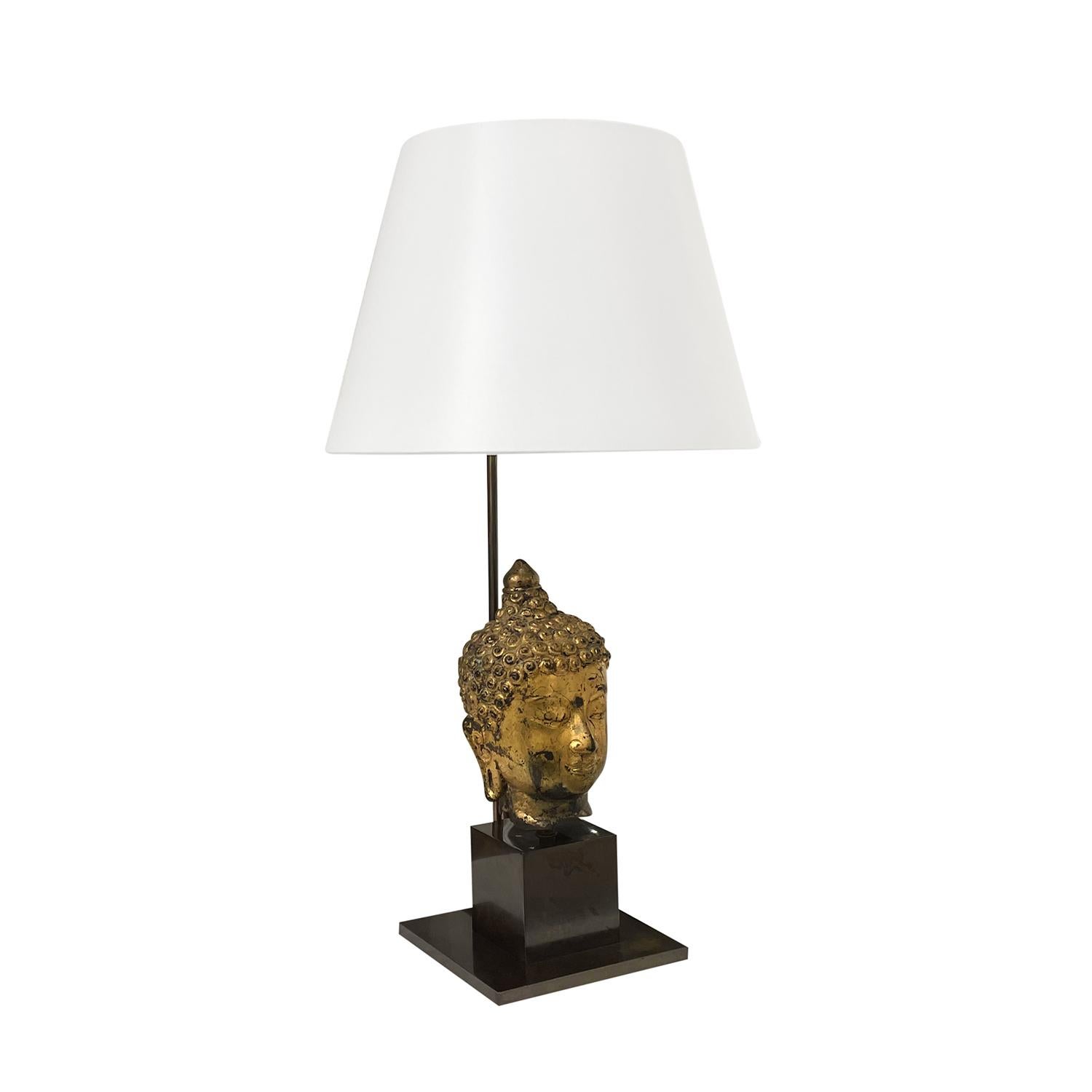 Mid-Century Modern 20th Century Gold Asian Metal Buddha Table Lamp, Vintage Wood Light For Sale