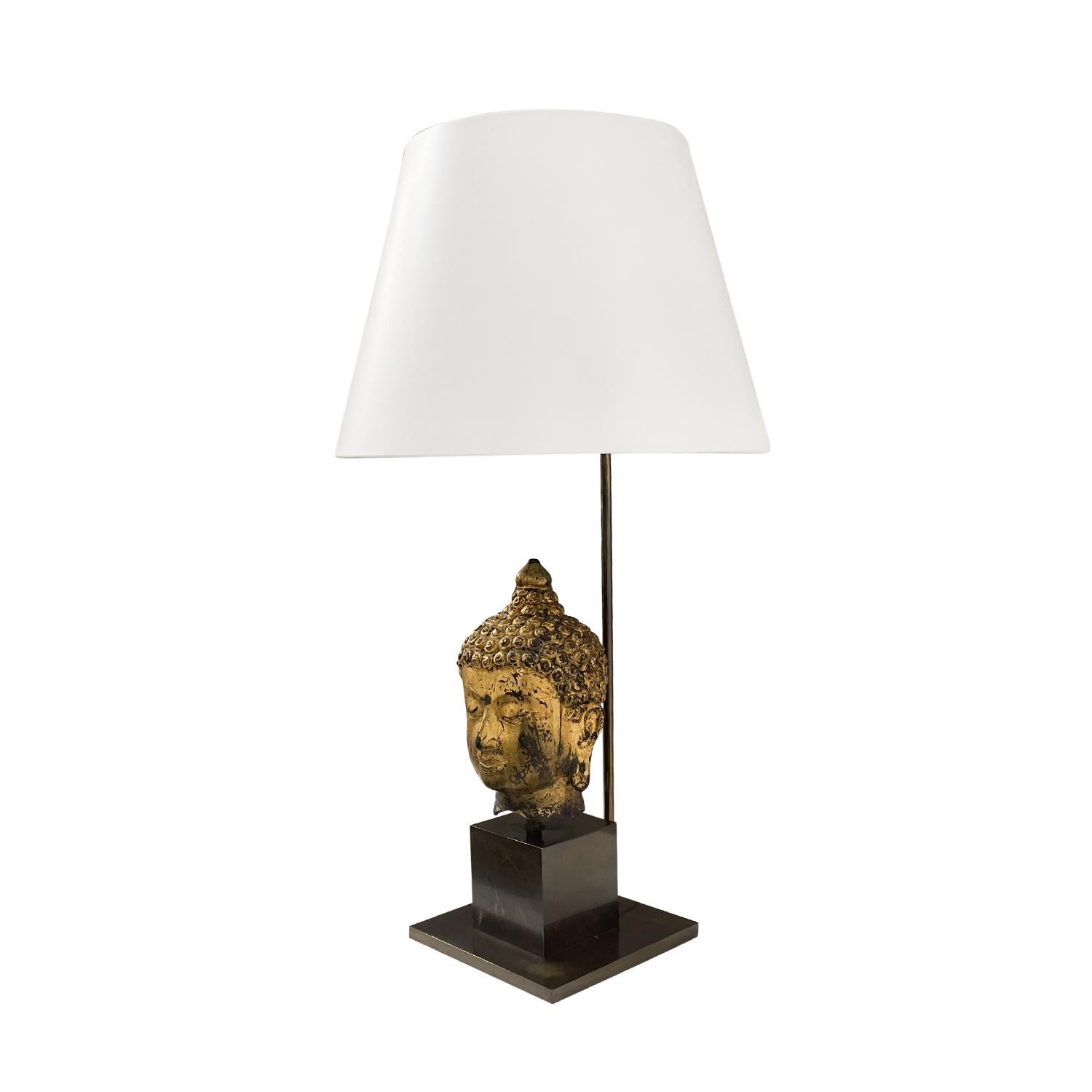 Mid-Century Modern 20th Century Gold Asian Metal Buddha Table Lamp, Vintage Wood Light For Sale