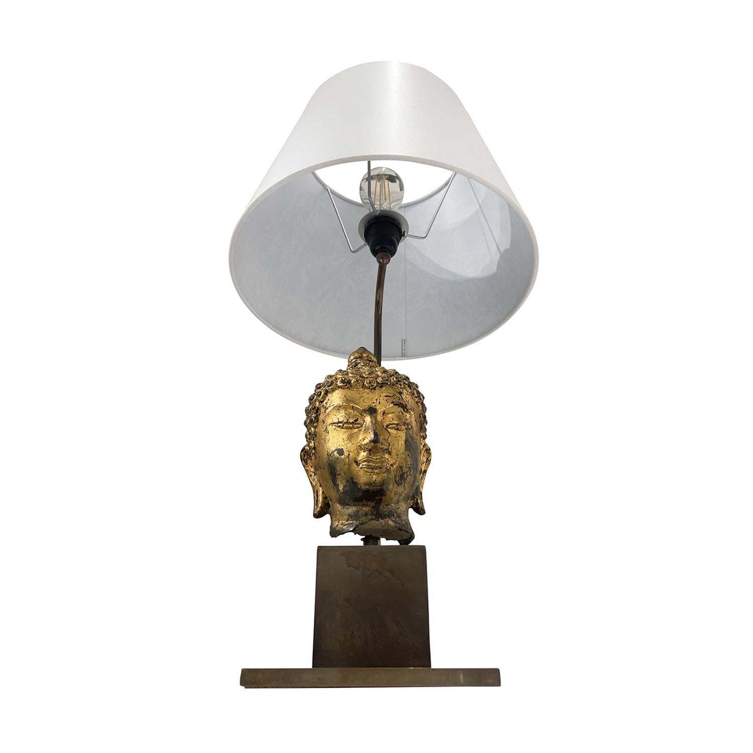 Patinated 20th Century Gold Asian Metal Buddha Table Lamp, Vintage Wood Light For Sale