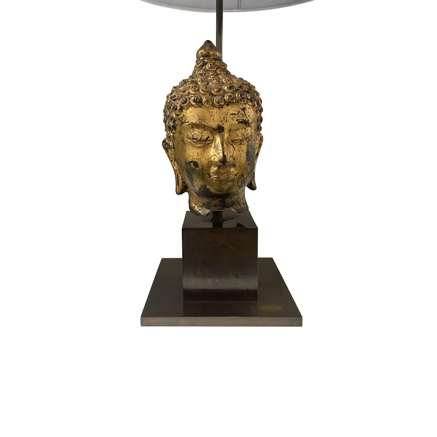 20th Century Gold Asian Metal Buddha Table Lamp, Vintage Wood Light For Sale 3