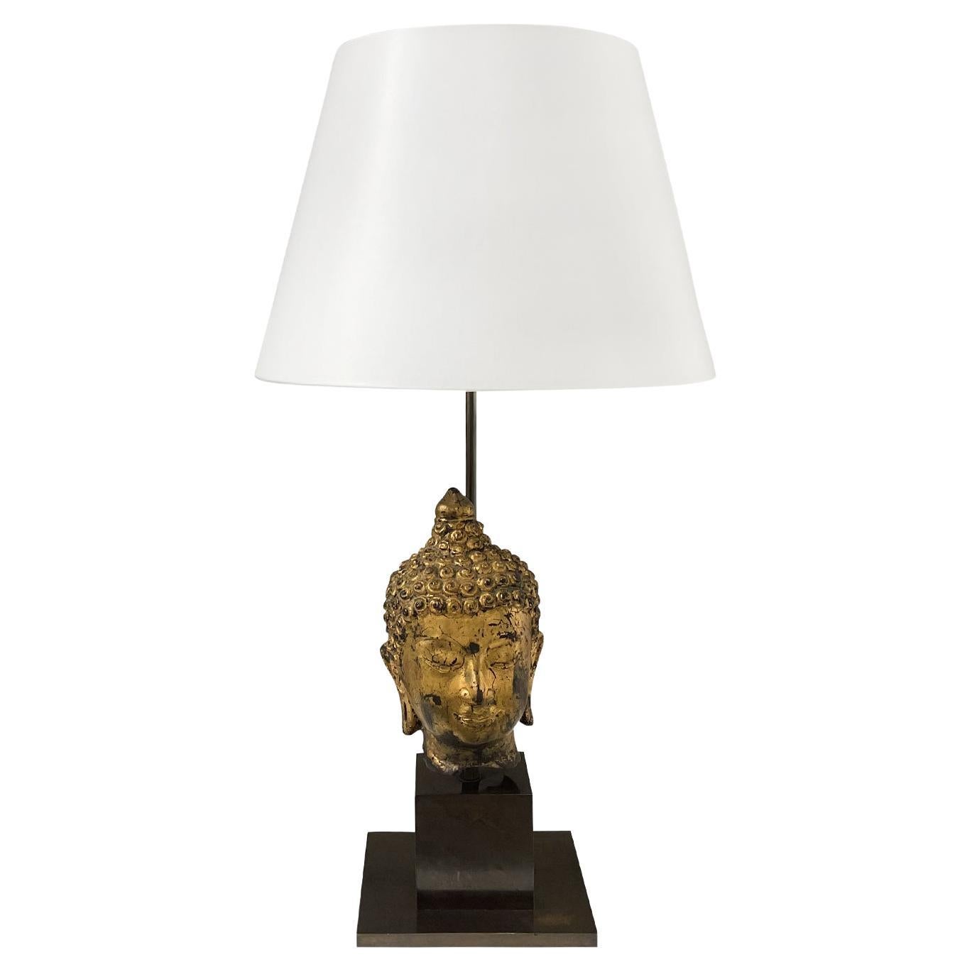 20th Century Gold Asian Metal Buddha Table Lamp, Vintage Wood Light For Sale