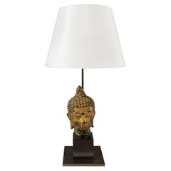 20th Century Gold Asian Metal Buddha Table Lamp, Vintage Wood Light