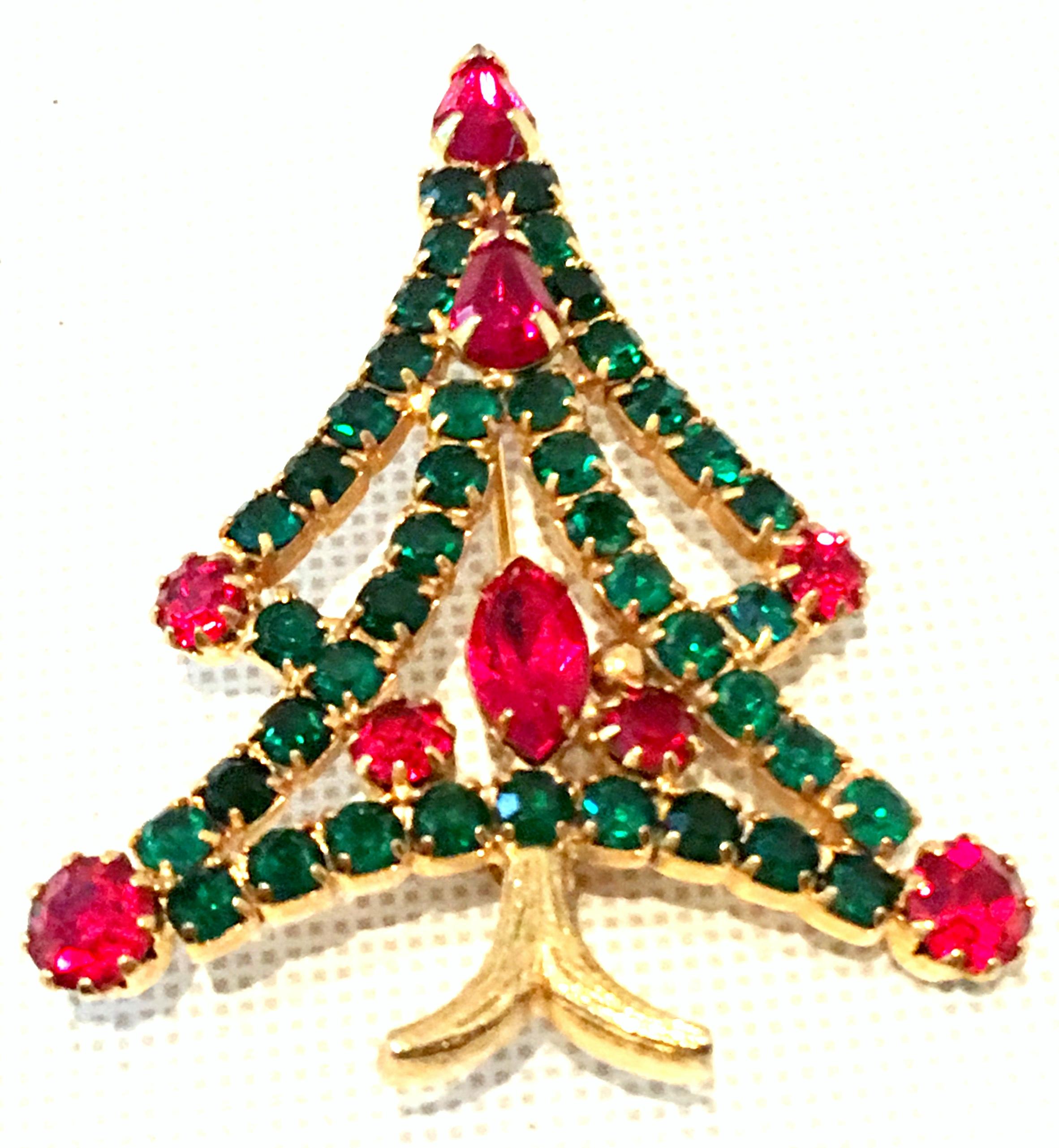 20th Century Gold & Austrian Crystal Christmas Tree Brooch In Good Condition For Sale In West Palm Beach, FL